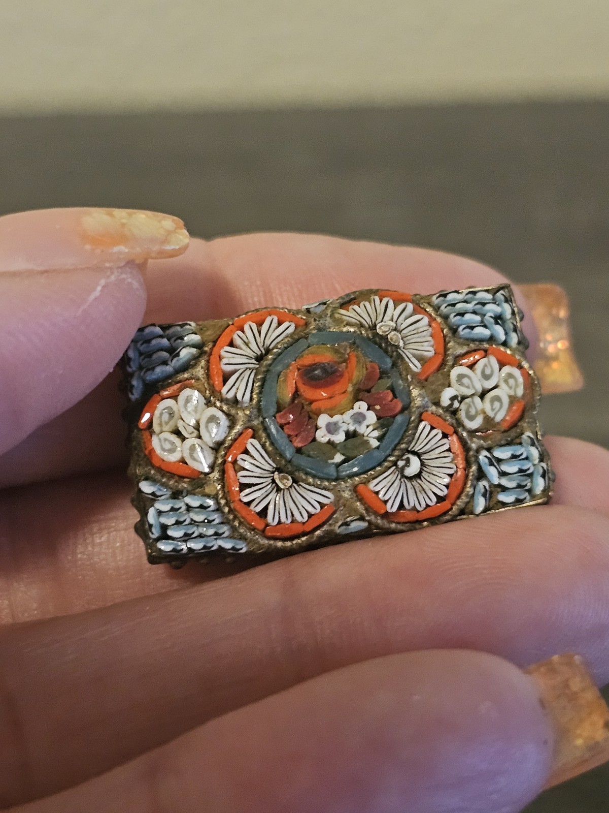 Vintage Micro Mosaic Brooch Pin Rectangle Floral Glass Italy BP