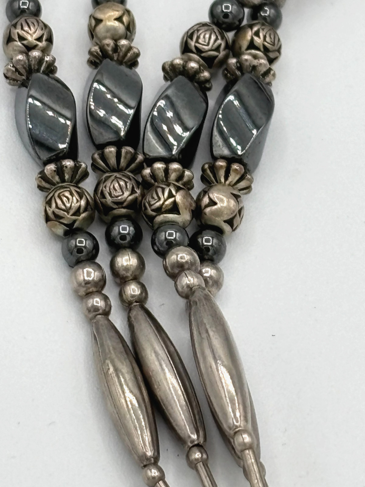 Vintage Southwestern Liquid Silver Hematite Multi Strand Lariat Tassel Necklace