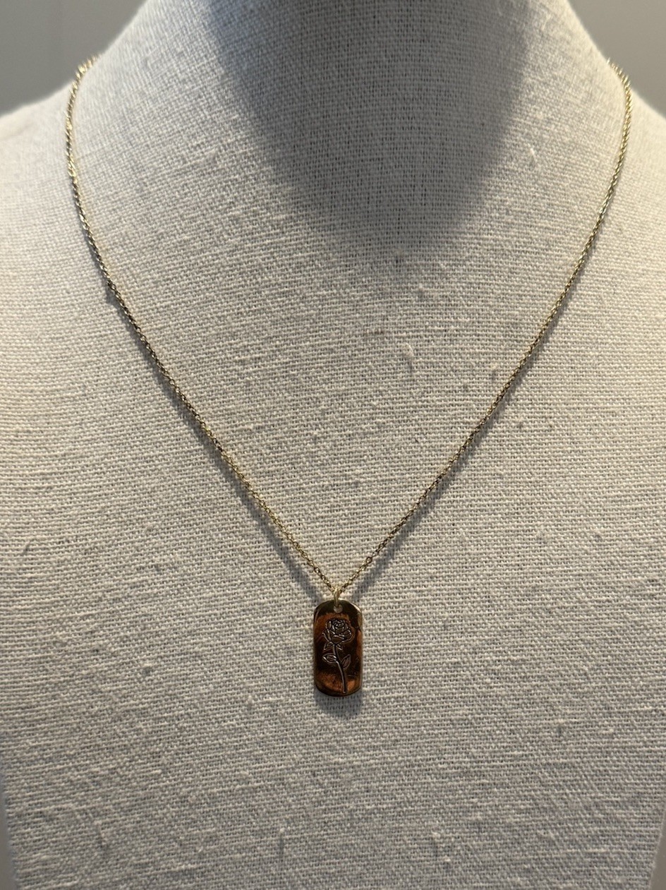 Vintage Sterling Forever Rose Pendant Necklace Gold Tone Dog Tag 18″ Adjustable