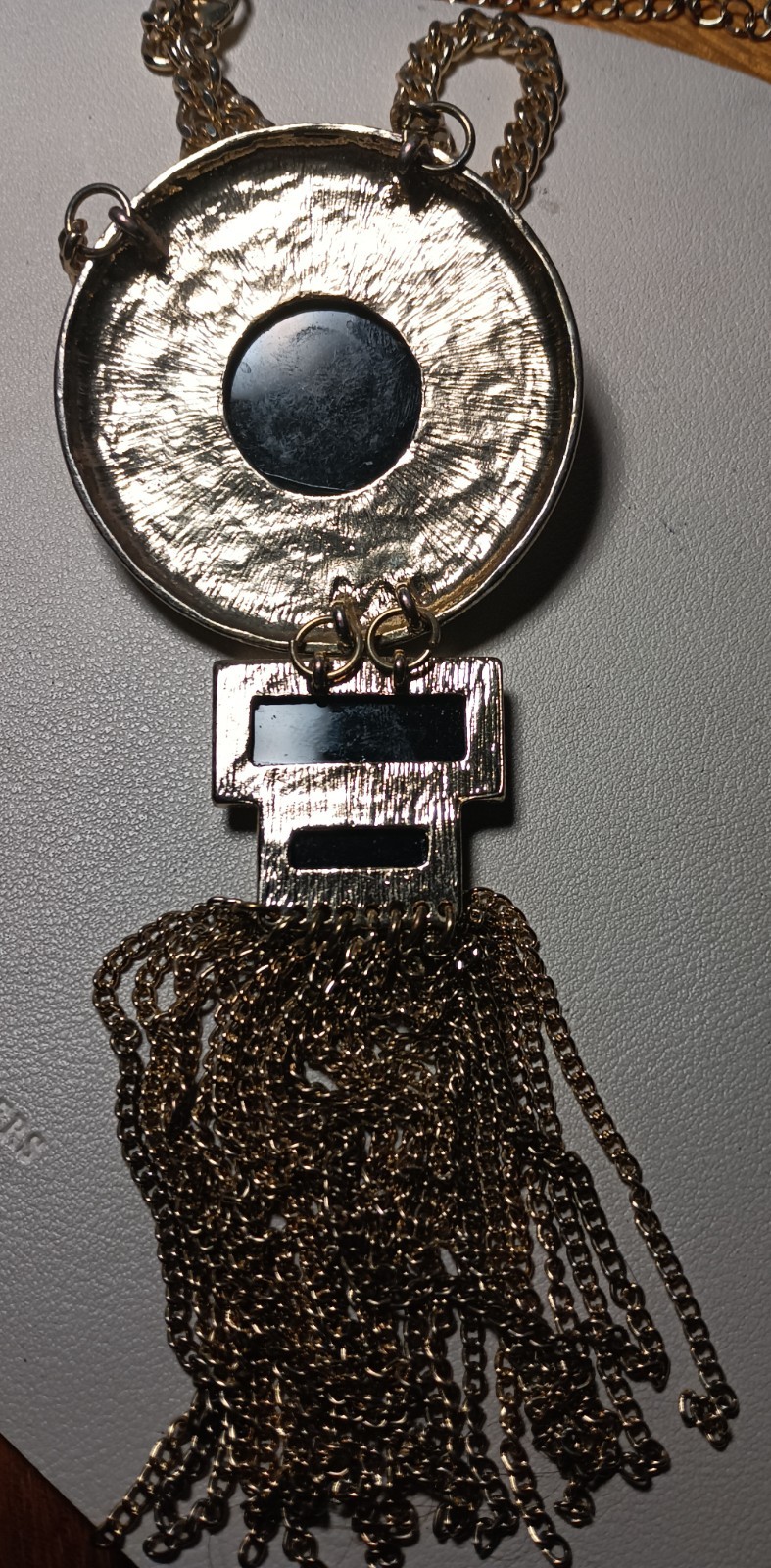 Vintage Chico’s Gold Tone Black Faceted Stone Tassel Pendant Statement Necklace