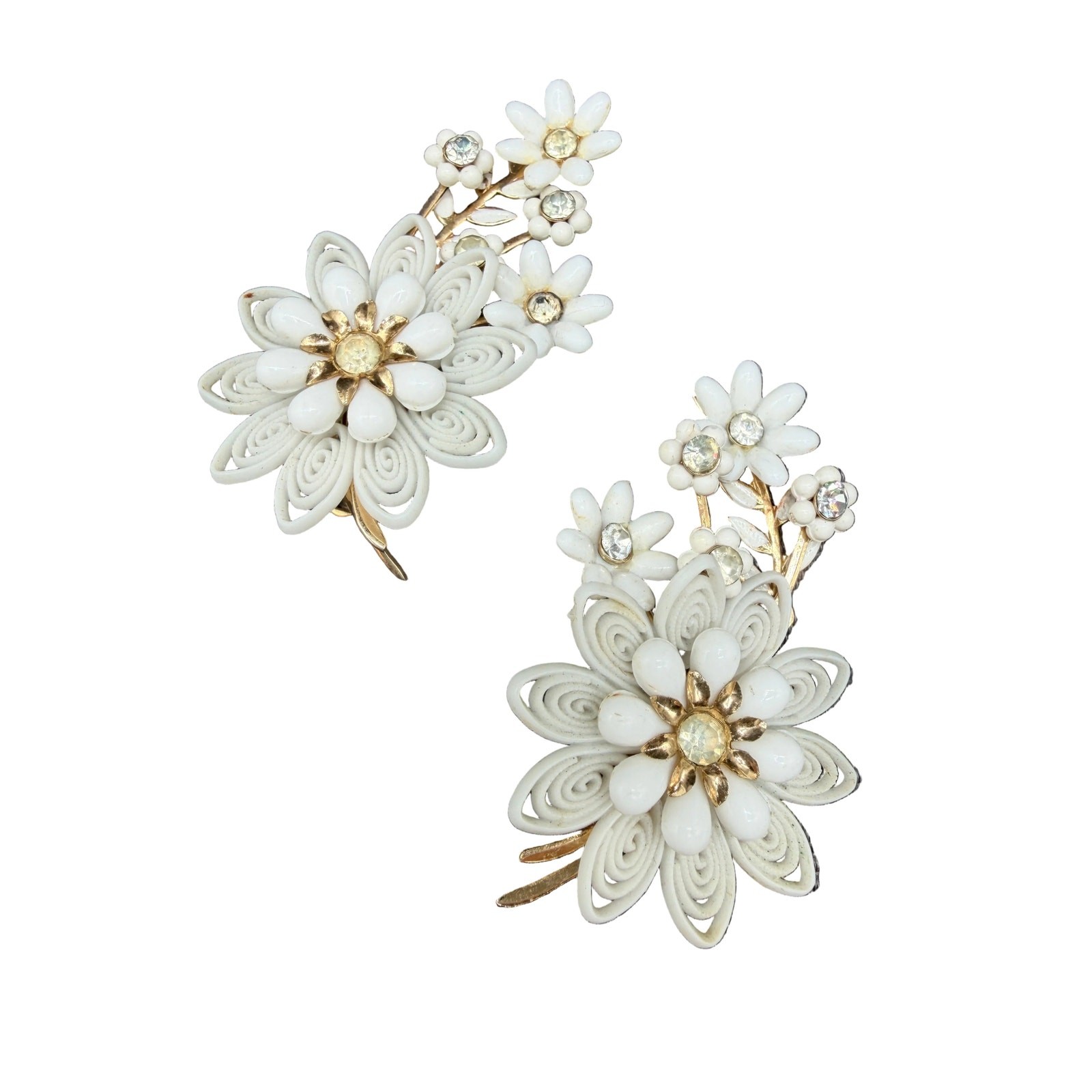 1950s Coro White Plastic Floral Bouquet Ear Climber Clip Earrings