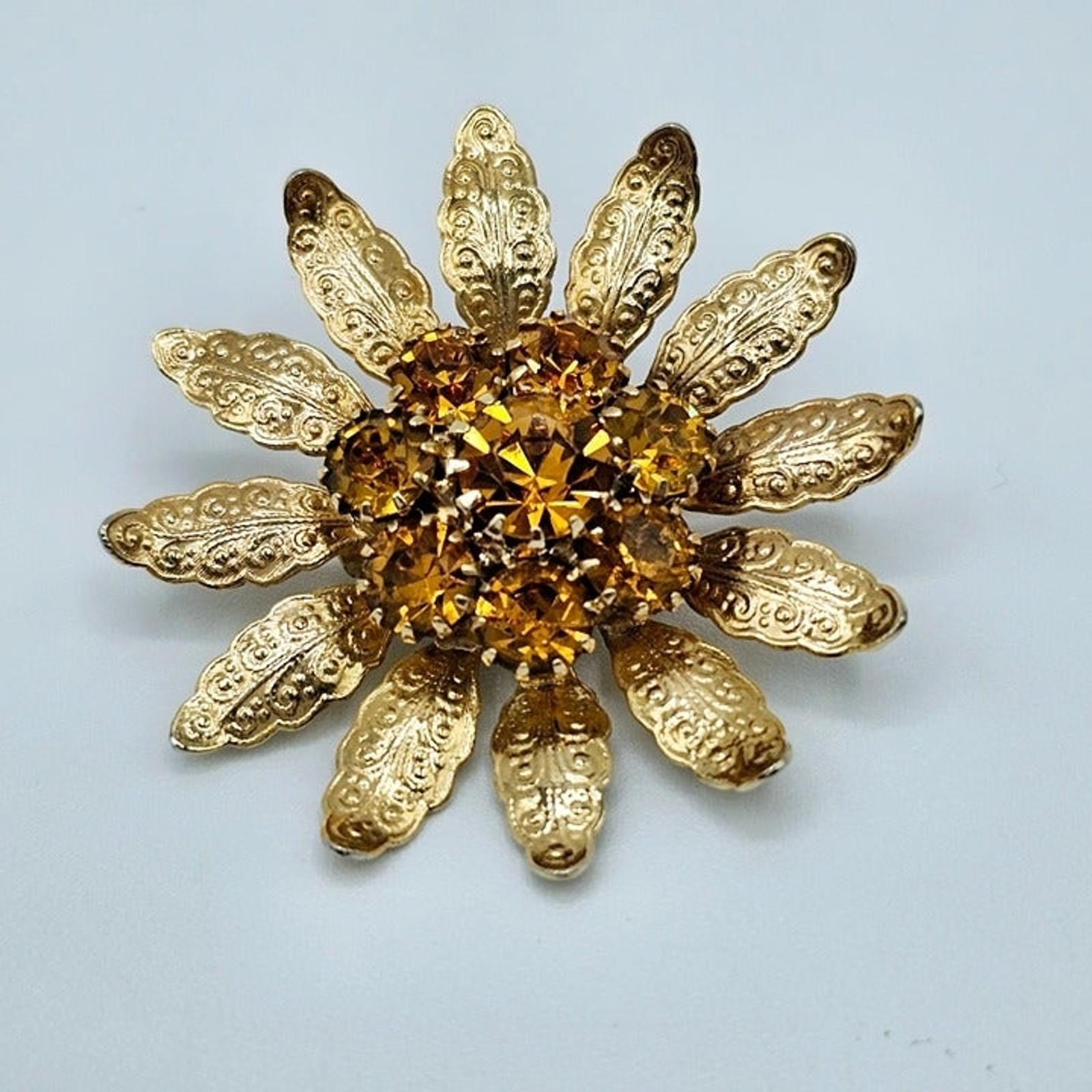 Flower Brooch Honey Rhinestone Filigree Leaves Floral Statement Vintage Pin