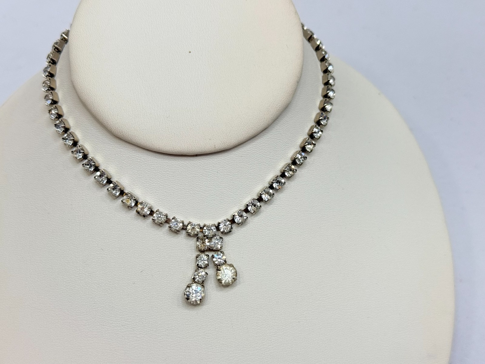 Vintage Rhinestone Choker Necklace Mid Century Sparkling Gemstones 12in Tassel