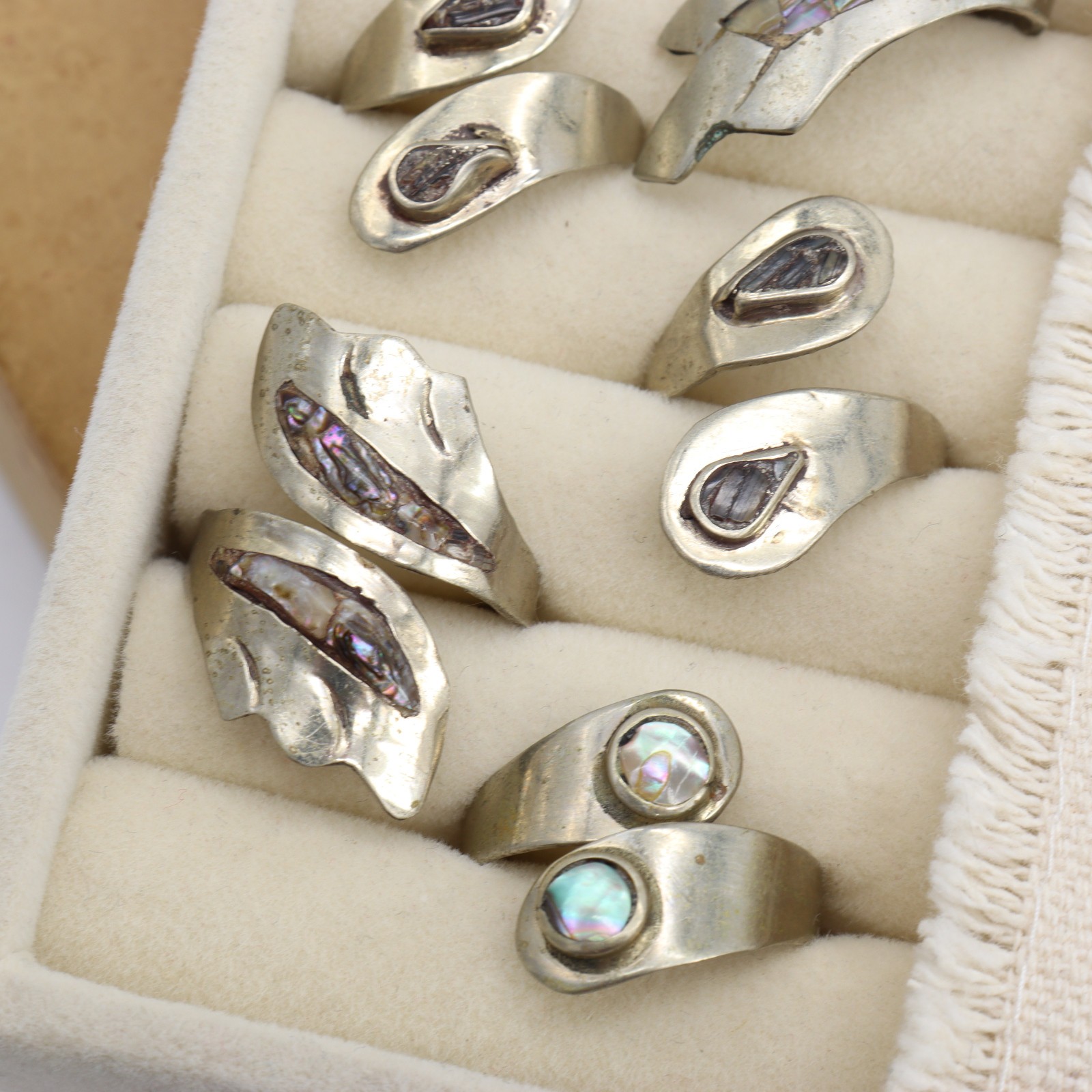 Vtg Mexico Alpaca Abalone Inlay Ring LOT 5 Wrap Shell Silver Metal Tone Mexican