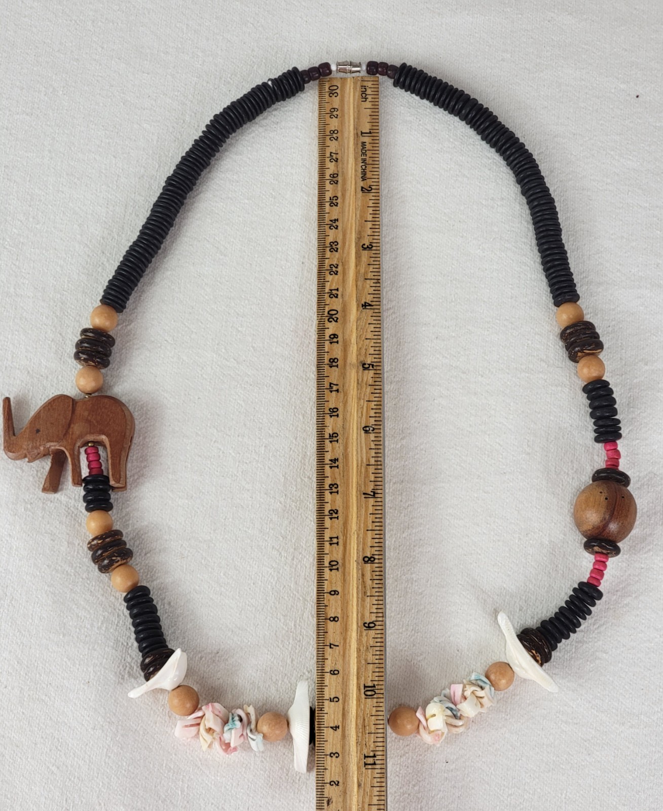 2 Vtg African Carved Wood Safari Necklaces Elephant Rhino Shell Discs Beads Boho