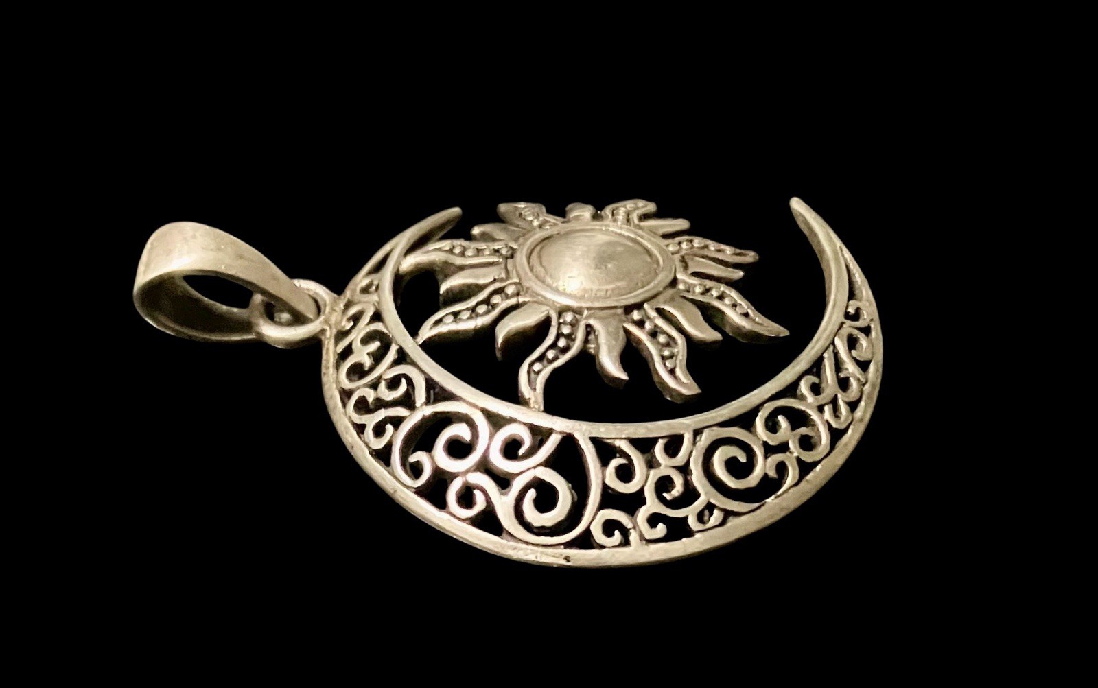 VTG Sterling Silver SUN & Crescent MOON Boho Celestial Pendant 1.5” Statement
