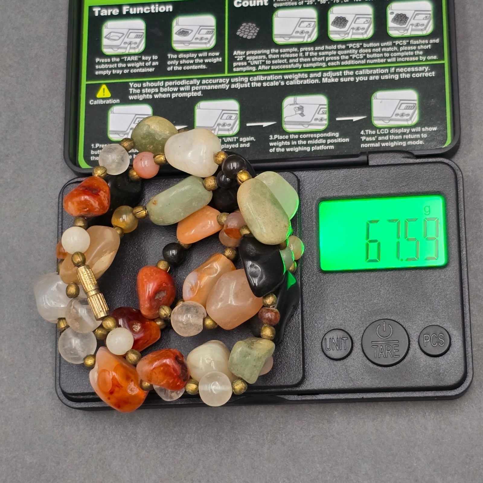 Vintage Multi Gemstone Beggar Bead Necklace 20″ Natural Stone Brass Accents