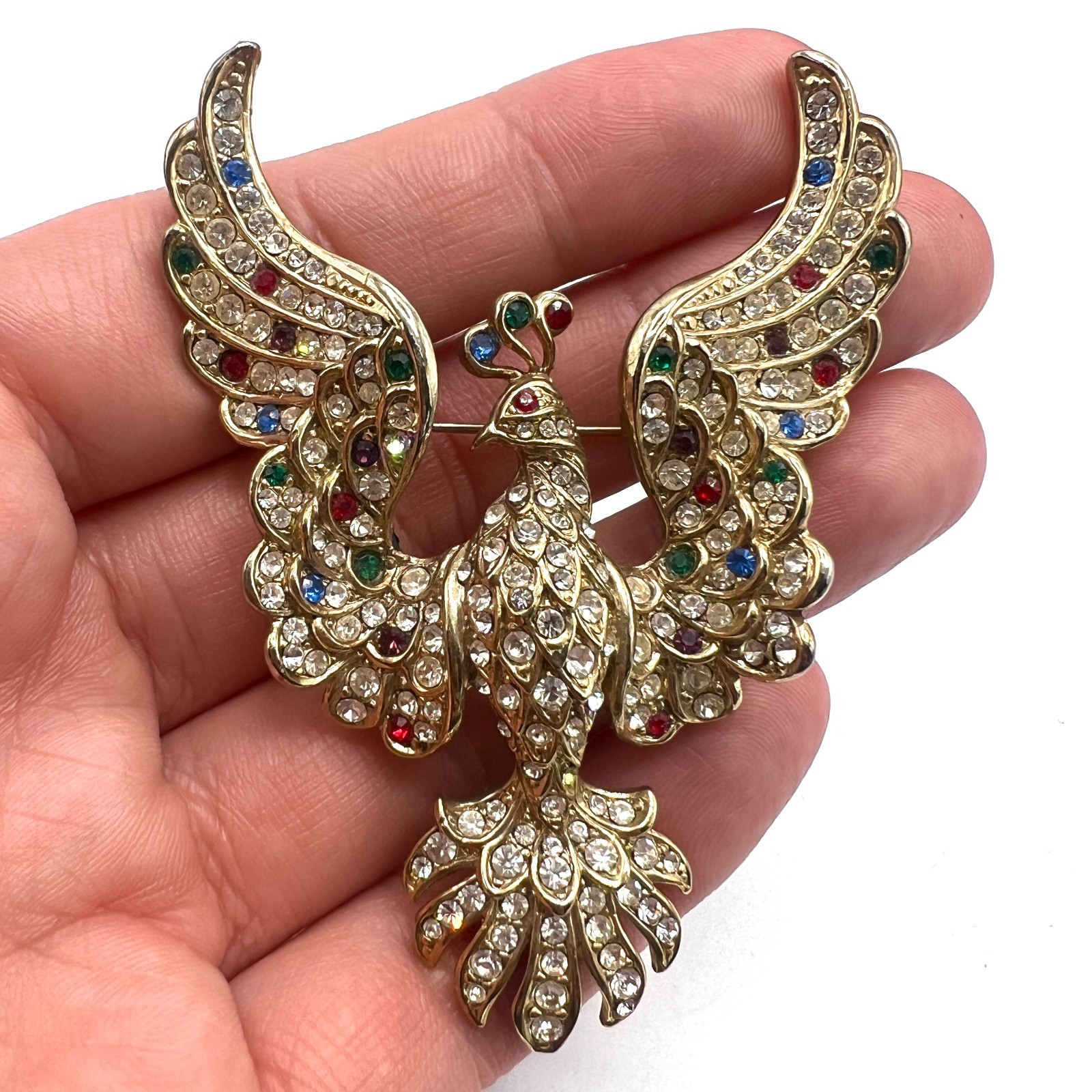 Magnificent Vintage Rhinestone Fantasy Bird Brooch – Jeweled Peacock Phoenix Pin