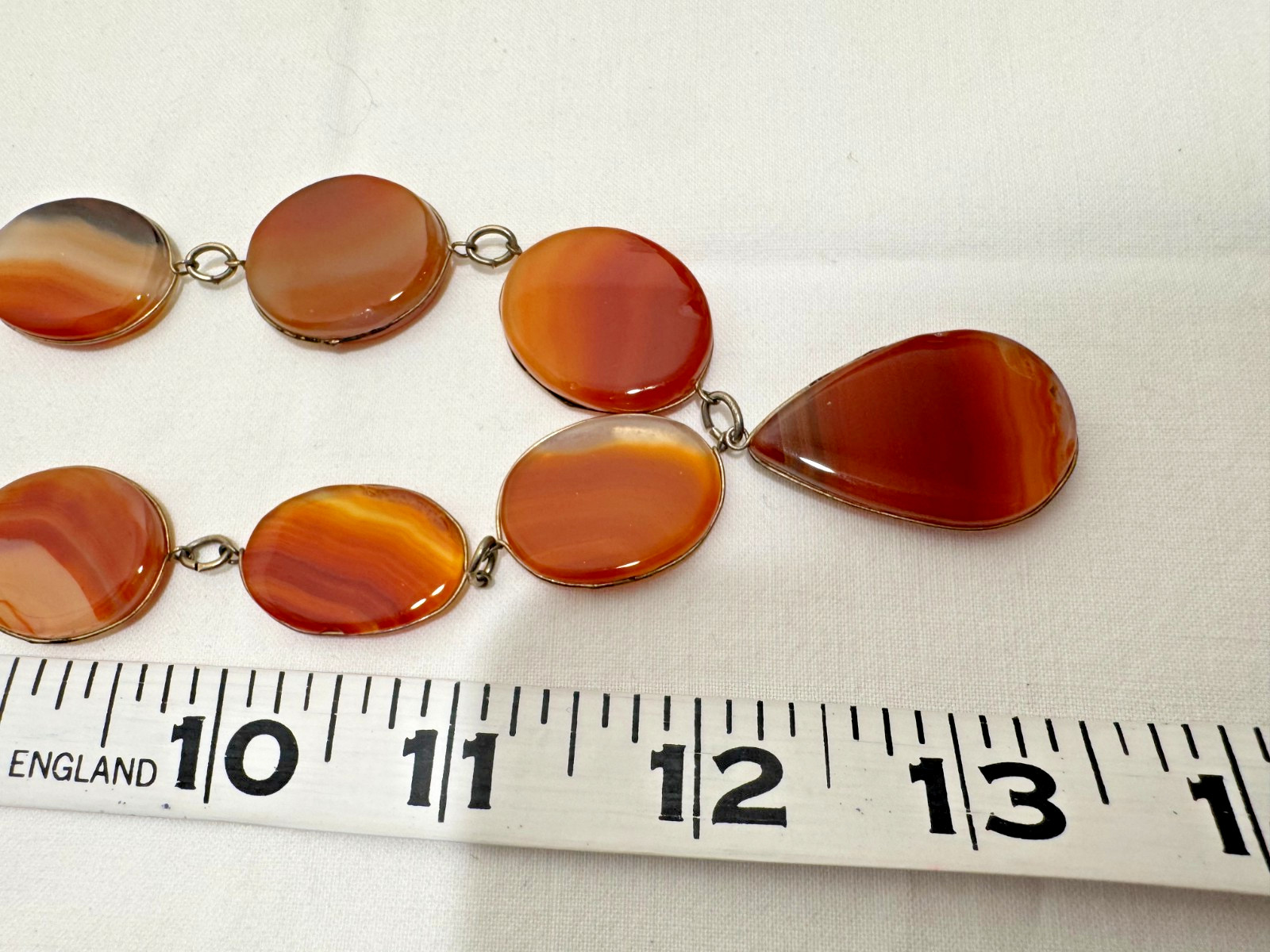 Vtg Polished Tumbled Agate Necklace Orange Brown 26″ Link 1960s 70s Boho Natural