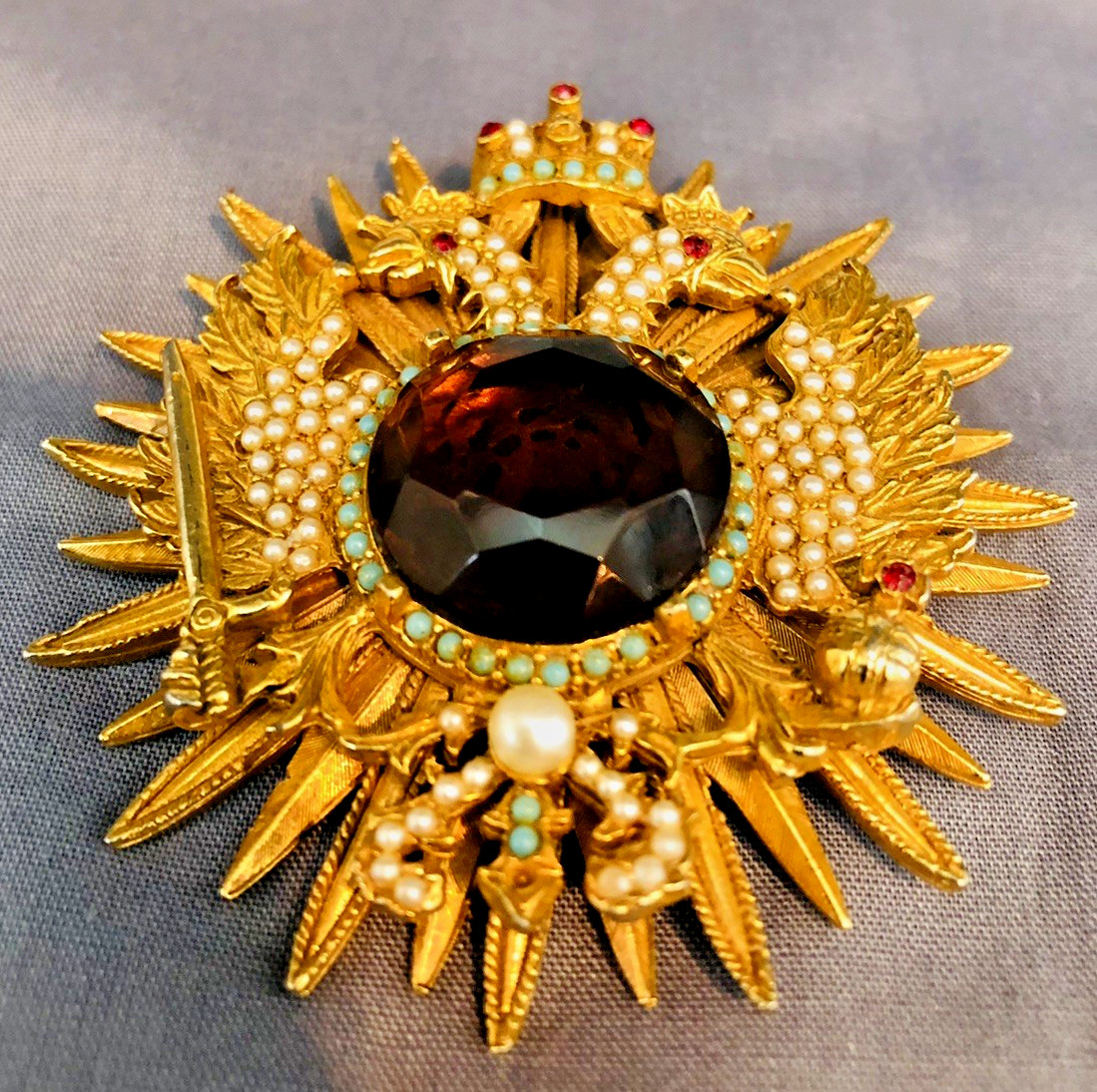 Vtg. Gold Tone Elaborate Double Headed Eagle Brooch Russian Themed