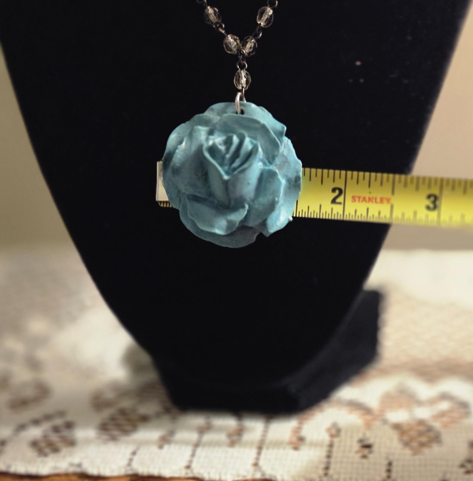Vintage Enamel Turquoise Rose On Gray Beaded Necklace