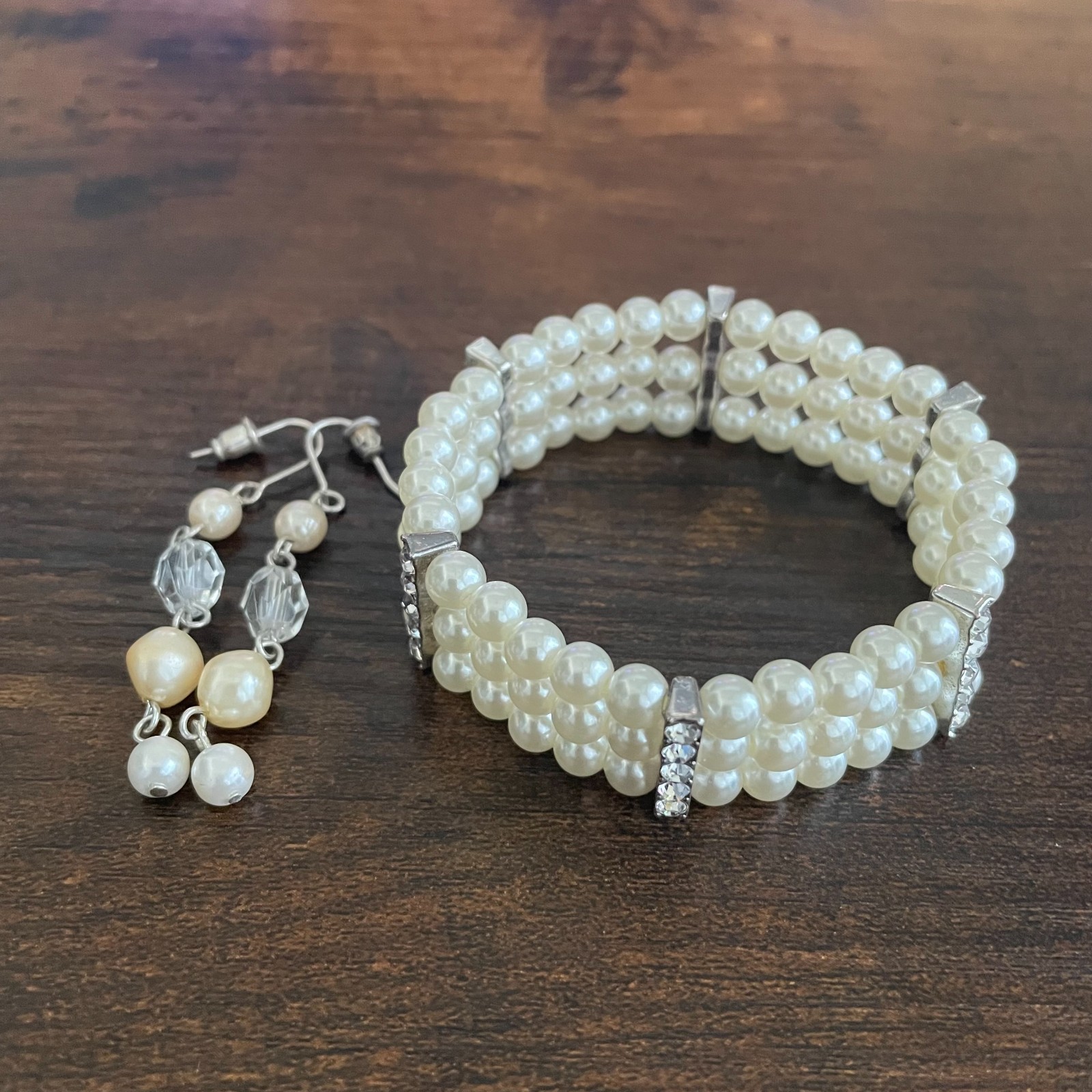 Vintage Women’s Faux Pearl Bracelet Earring Jewelry Set Rhinestone Wedding Boho