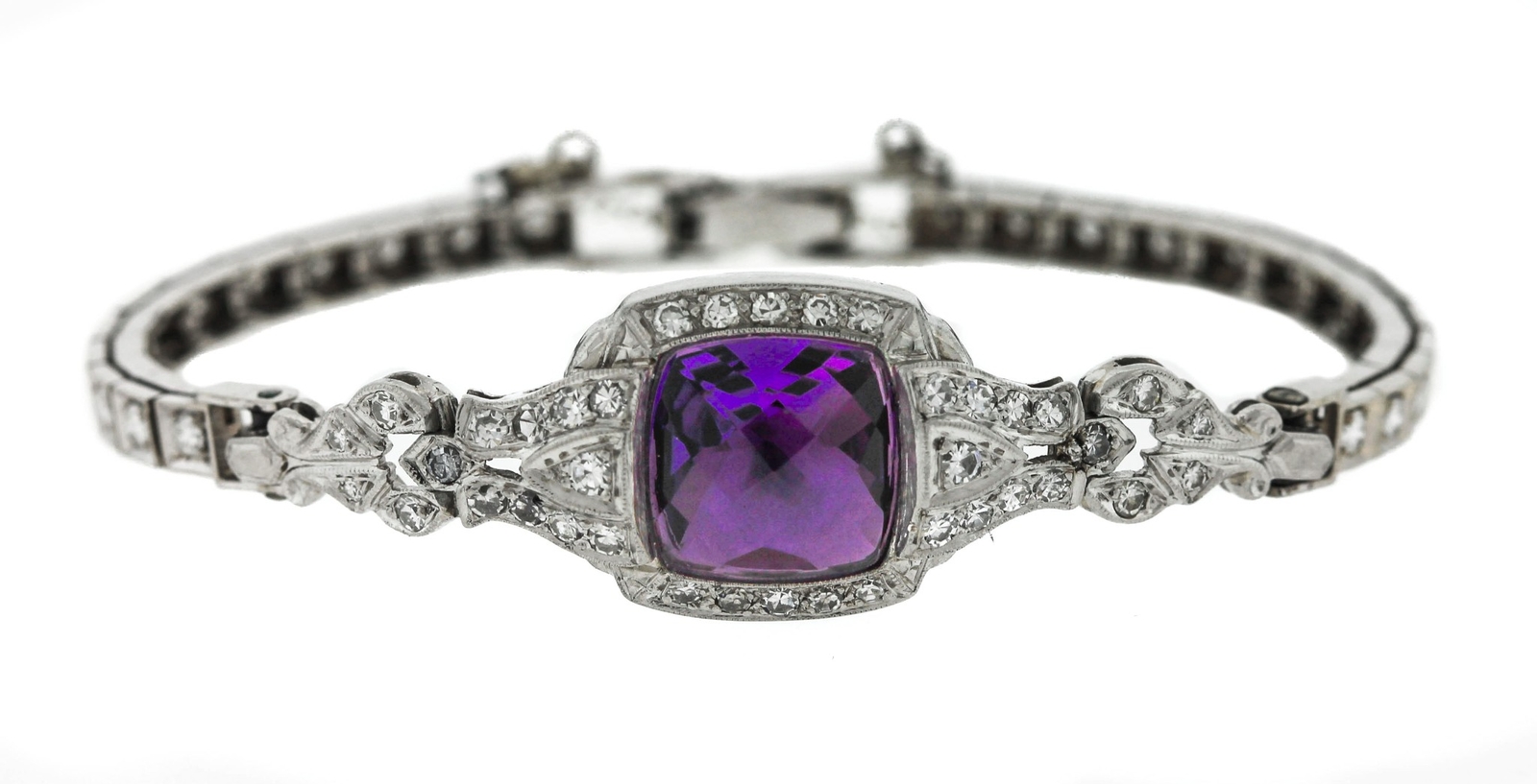 Antique Art Deco 6.88ctw Amethyst Diamond 14k White Gold Conversion Bracelet