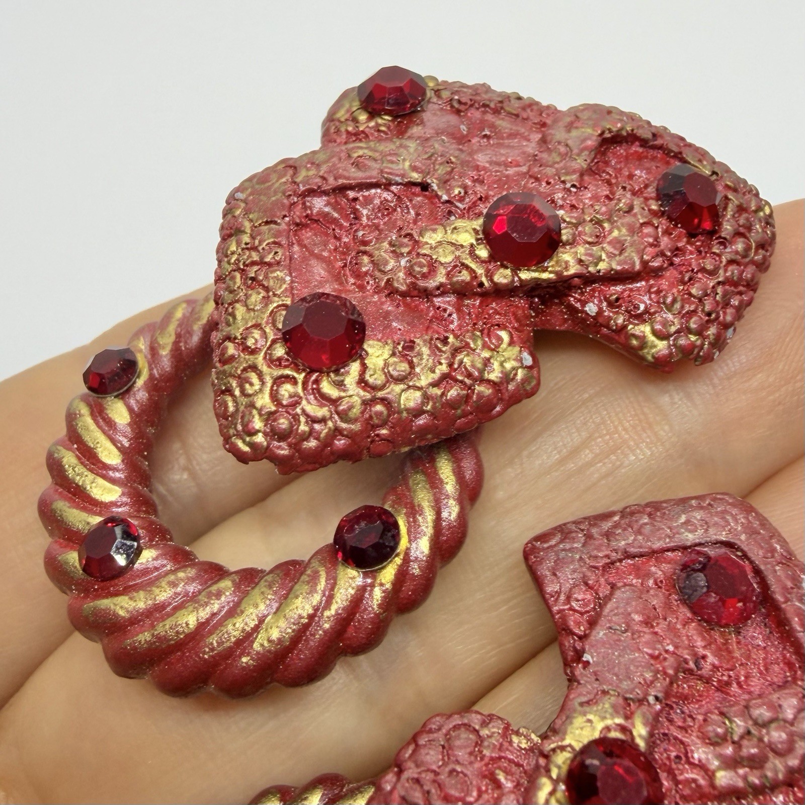 Vtg 80’s Designer Signed Red Gold Lucite Rhinestone Door Knocker Earrings Clip