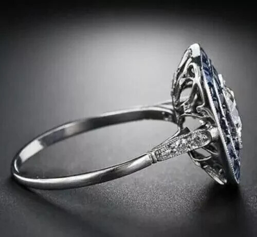 2.56Ct Art Deco Lab Created Diamond & Sapphire Engagement 14K White Gold FN Ring