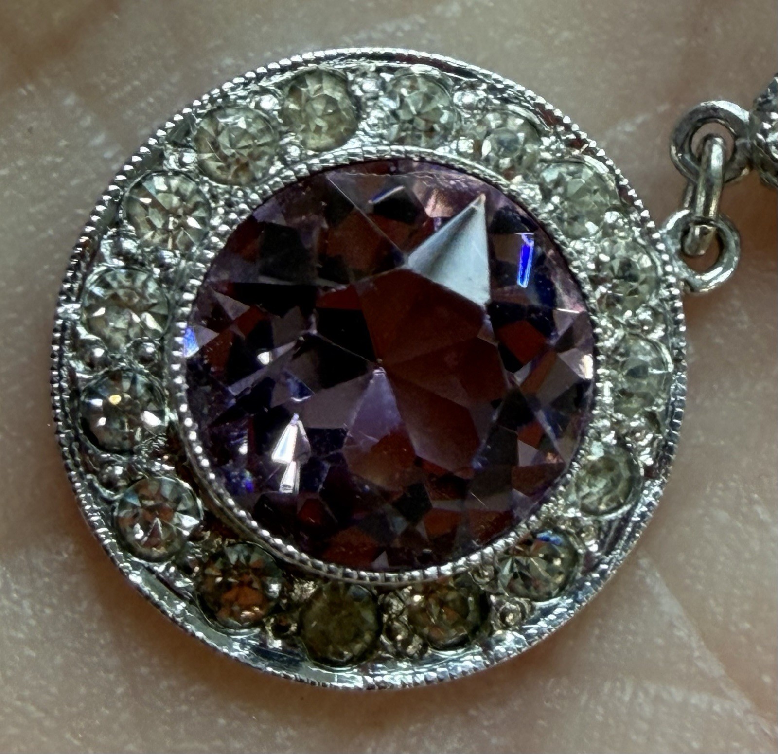 Sterling Silver Faceted Amethyst Dangle Drop Pendant 1.5” 3g Authentic Art Deco