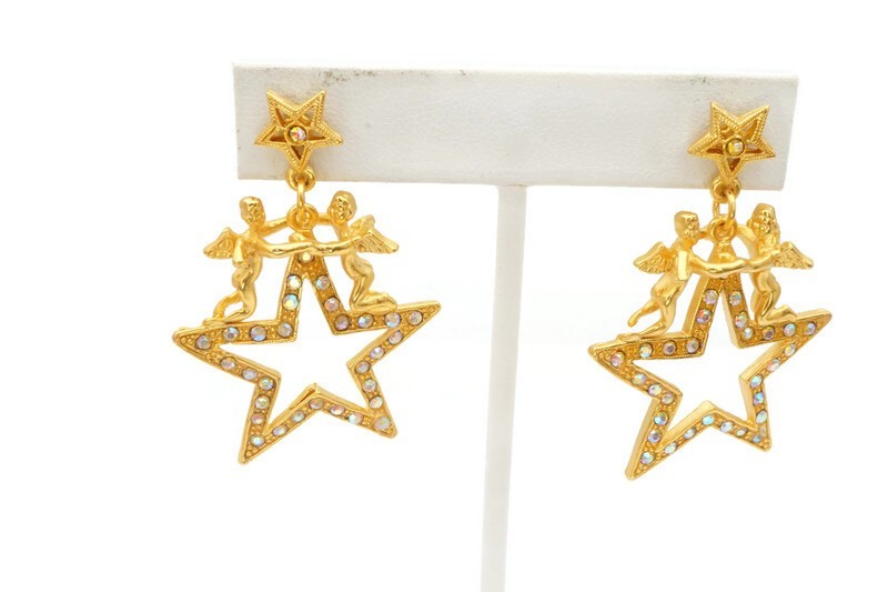 Vintage Earrings Gold Tone Rhinestone Angels Stars