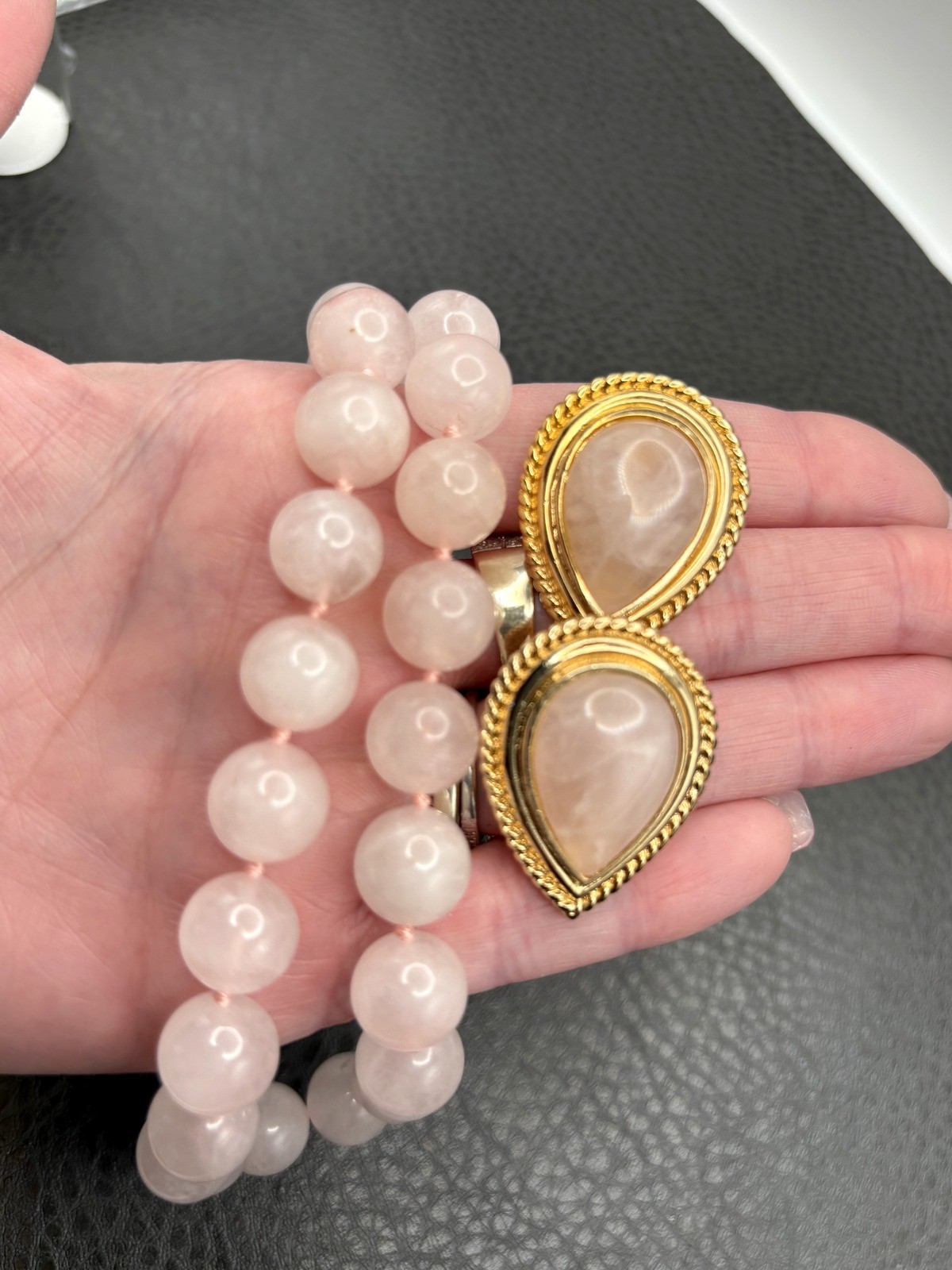 Vintage 80s Rose Quartz Hand Bead Necklace Gold Tone Teardrop Clip Earrings Set