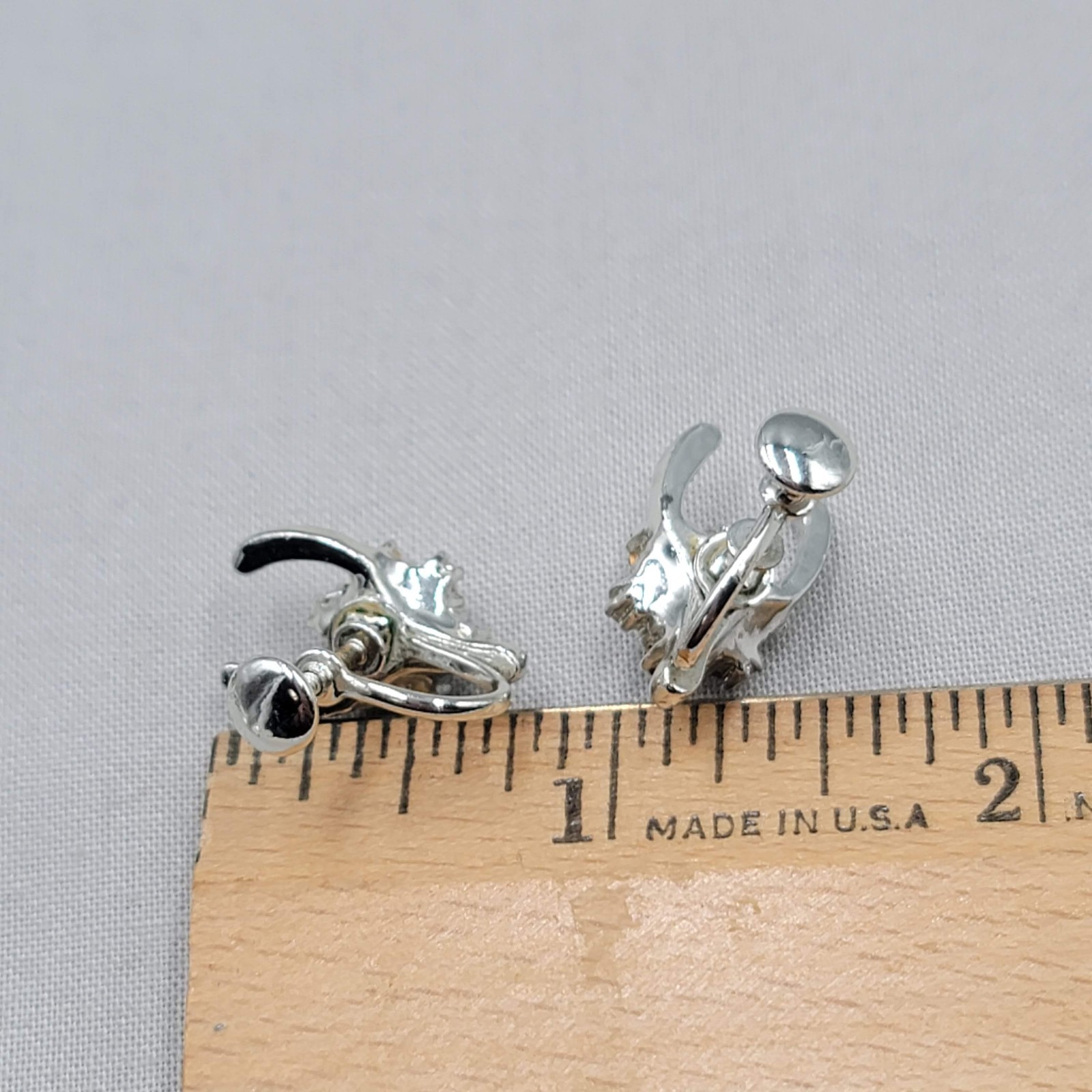 Vintage Wishbone Clear Rhinestone Clip on Earrings Silver tone Screw Back 3/4″