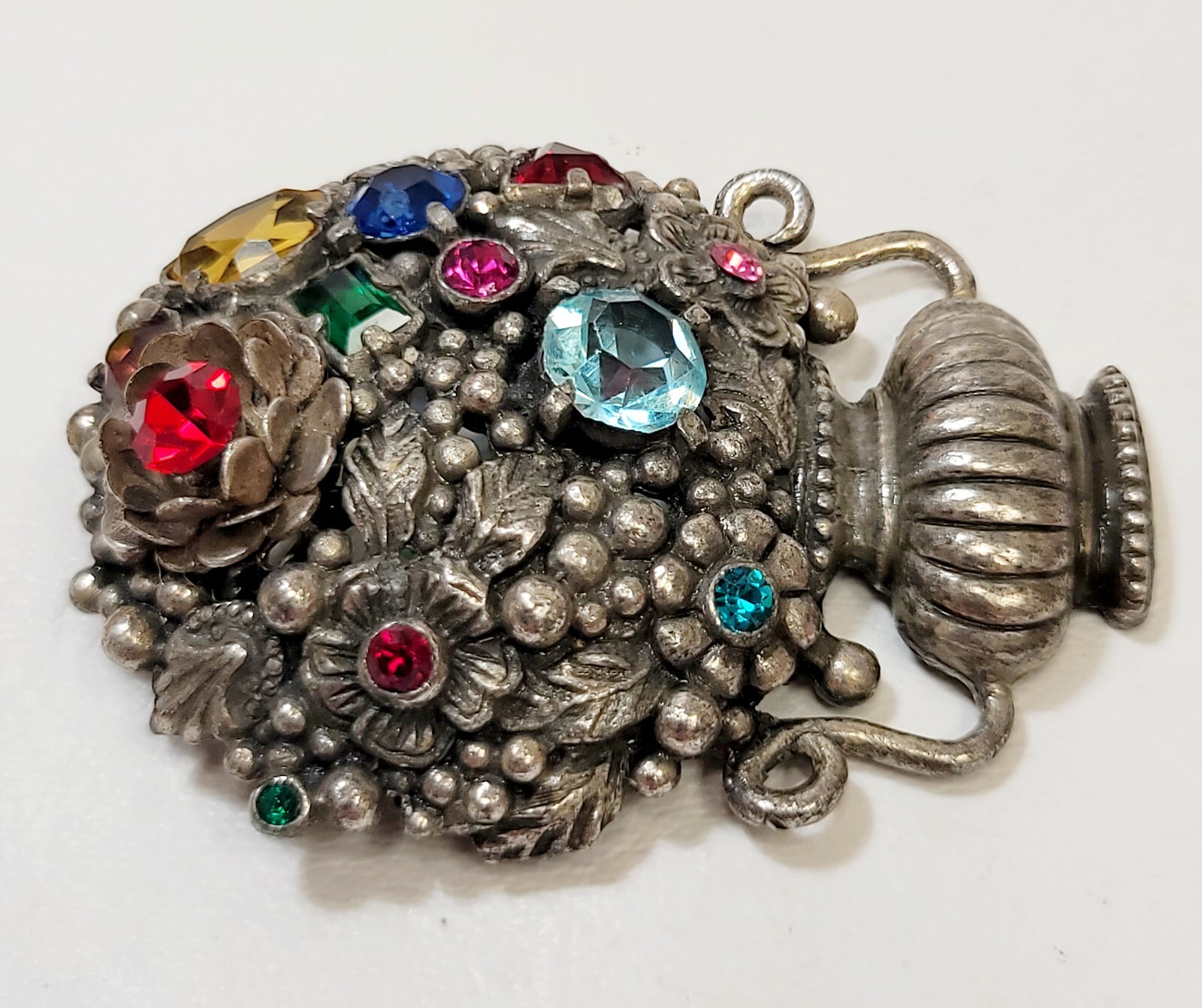 Vintage Large Estate French Rhinestone Flower Bouquet Silver Tone Urn Brooch