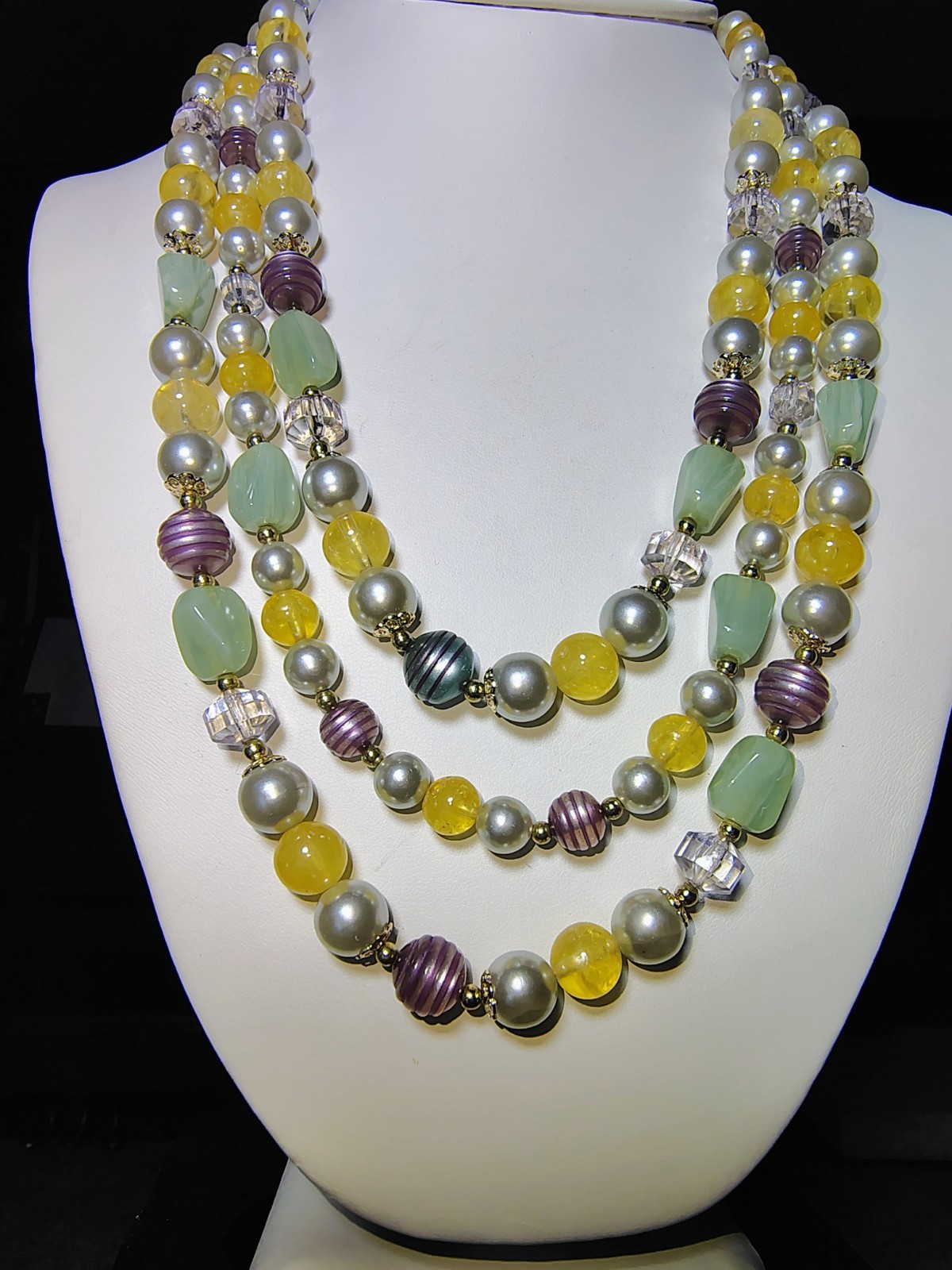 S401 Vtg Set Japan Multi Strand Beaded Necklace Clip Earrings Glass Faux Pearl