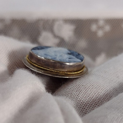 Cameo Sterling Silver 925 Italy Azure Agate Pendant Brooch 1121 NA Rare Hair