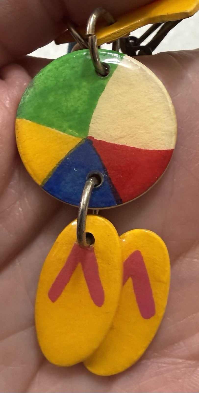 HUGE 1980s Wearable Folk Art Signed Mari SUN BEACH FUN Mixed Media Clip Earrings