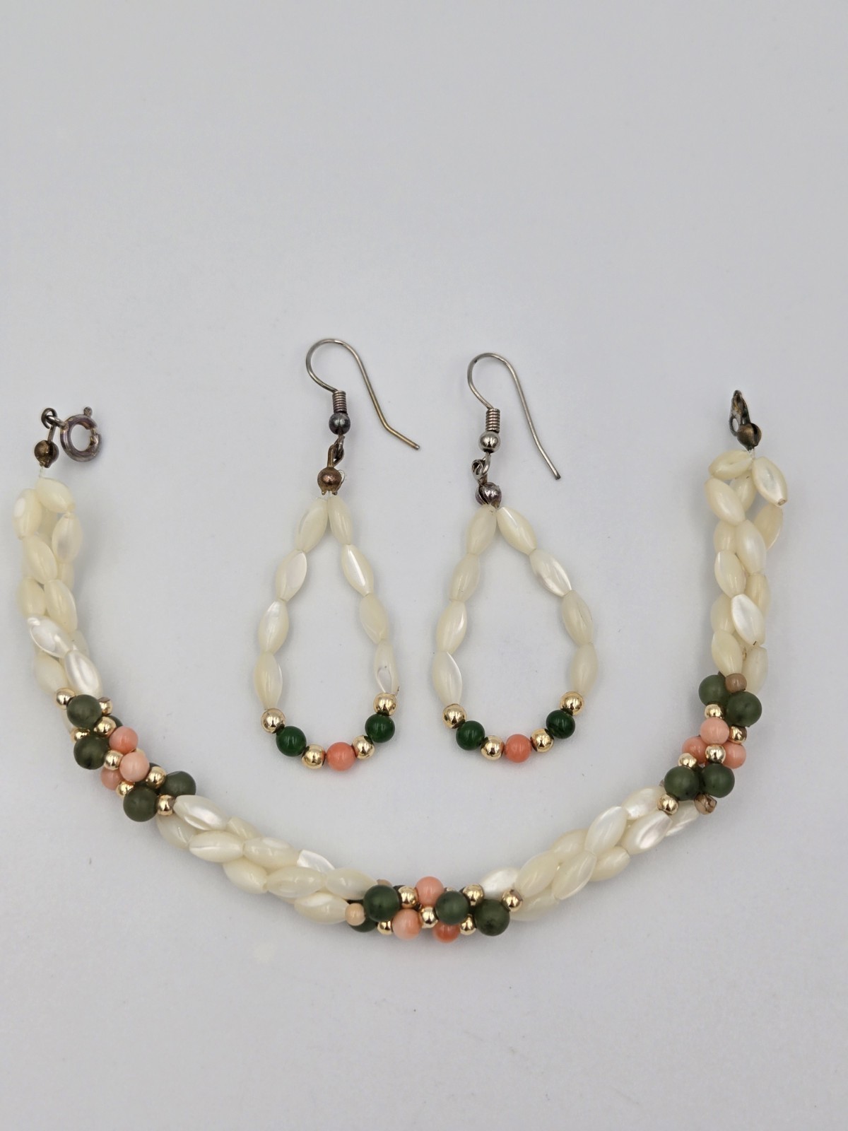 Vintage Mother of Pearl Rice Bead Braided Bracelet & Earrings Set Coral Jade…