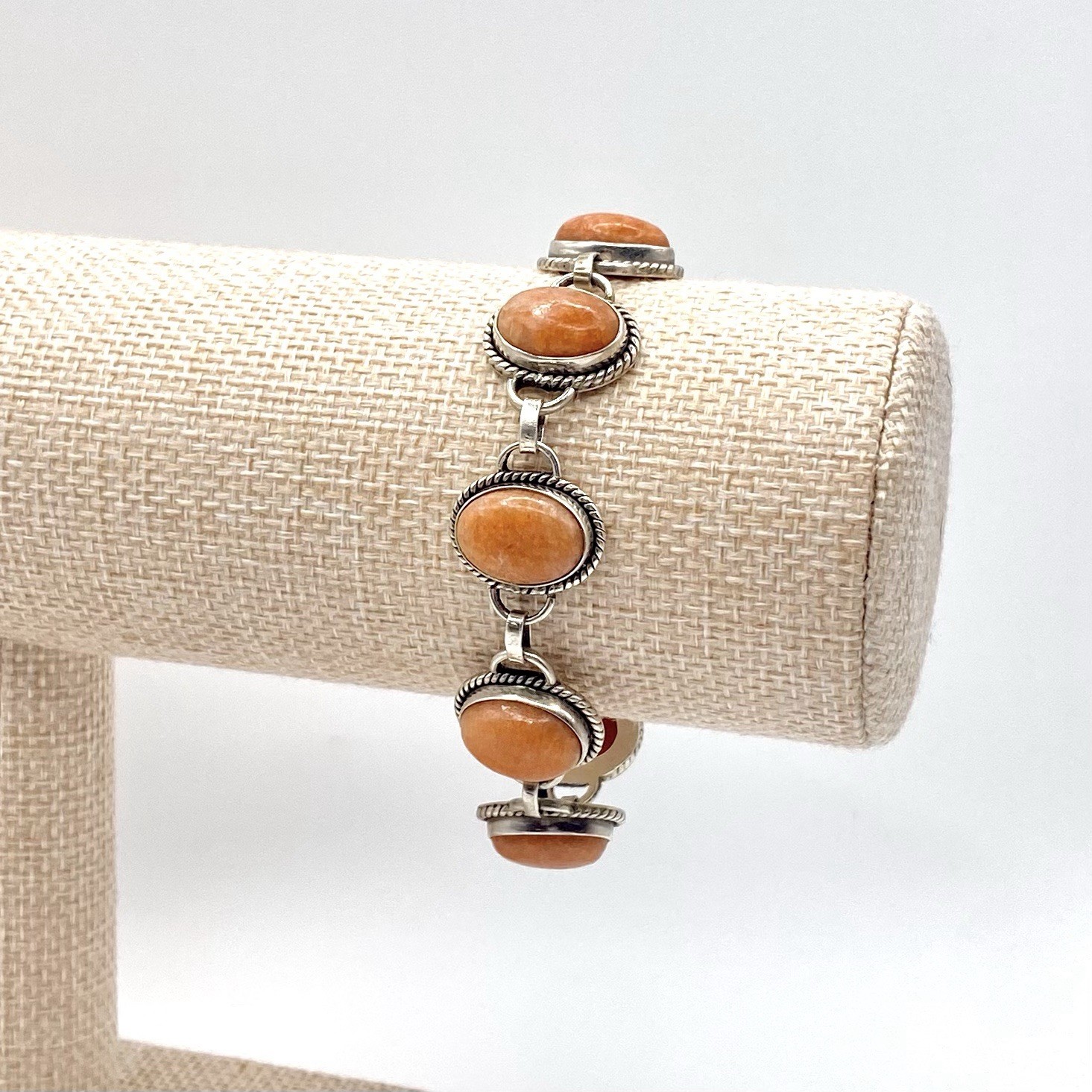 Vintage 925 Sterling Silver Gemstone Scarab Bracelet Toggle Cabochon Nude Pink