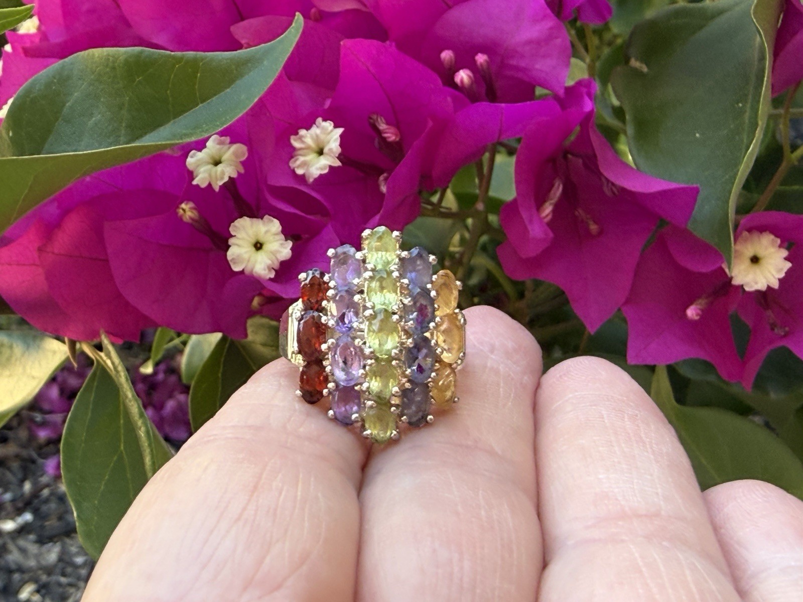 925 Sterling Silver Vintage Amethyst Citrine Peridot Garnet Gemstone Ring Size 8