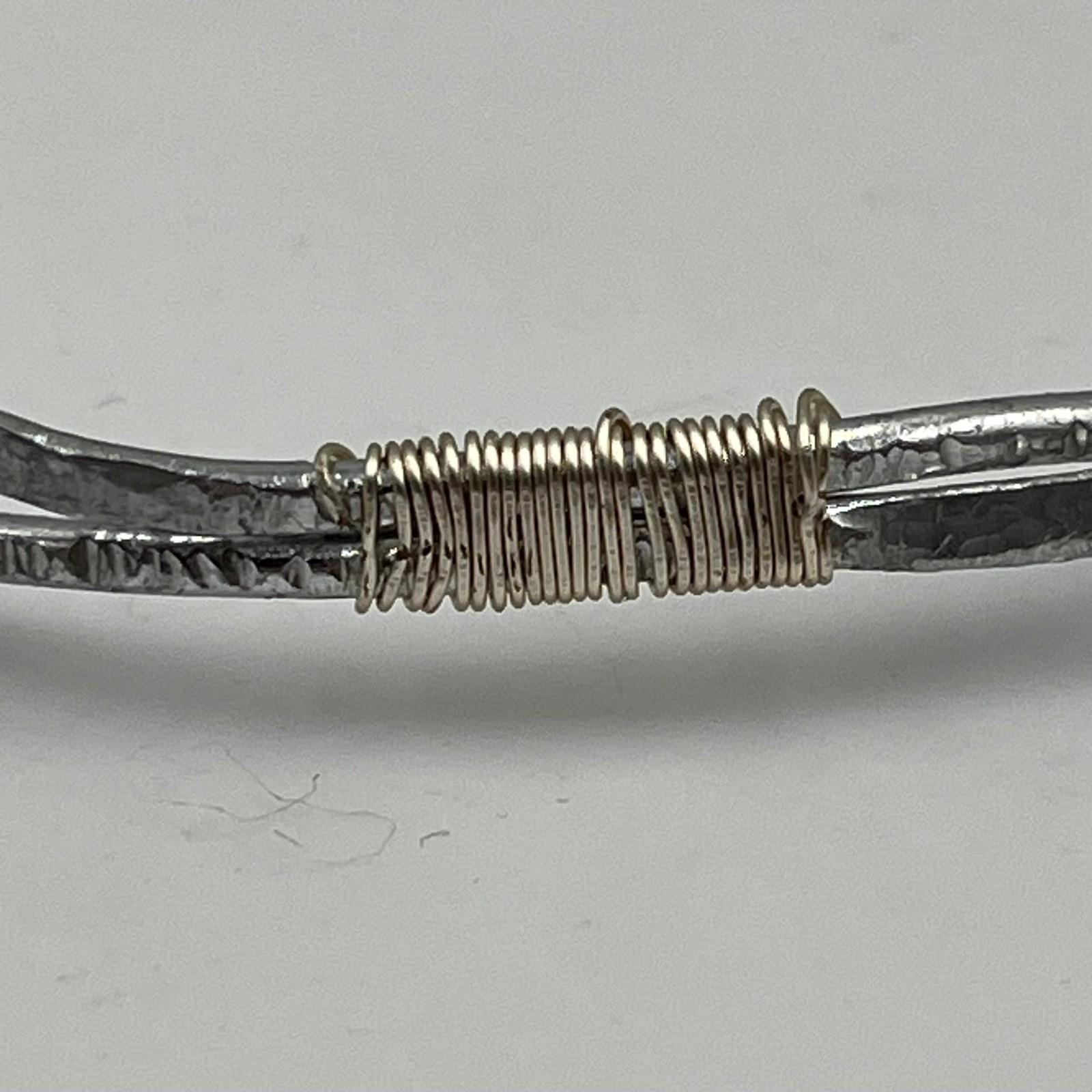 Artisan Hammered Silver Tone Bangle Bracelet, Mixed Metal Wire Wrap, Stackable