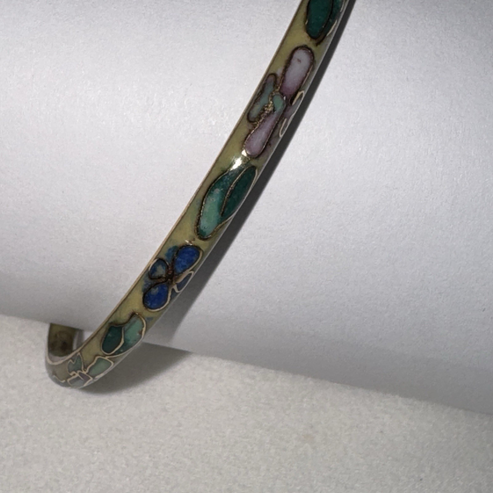 Vintage Cloisonne Floral Bangle Bracelet Enamel Gold Tone Yellow Green Pink Blue