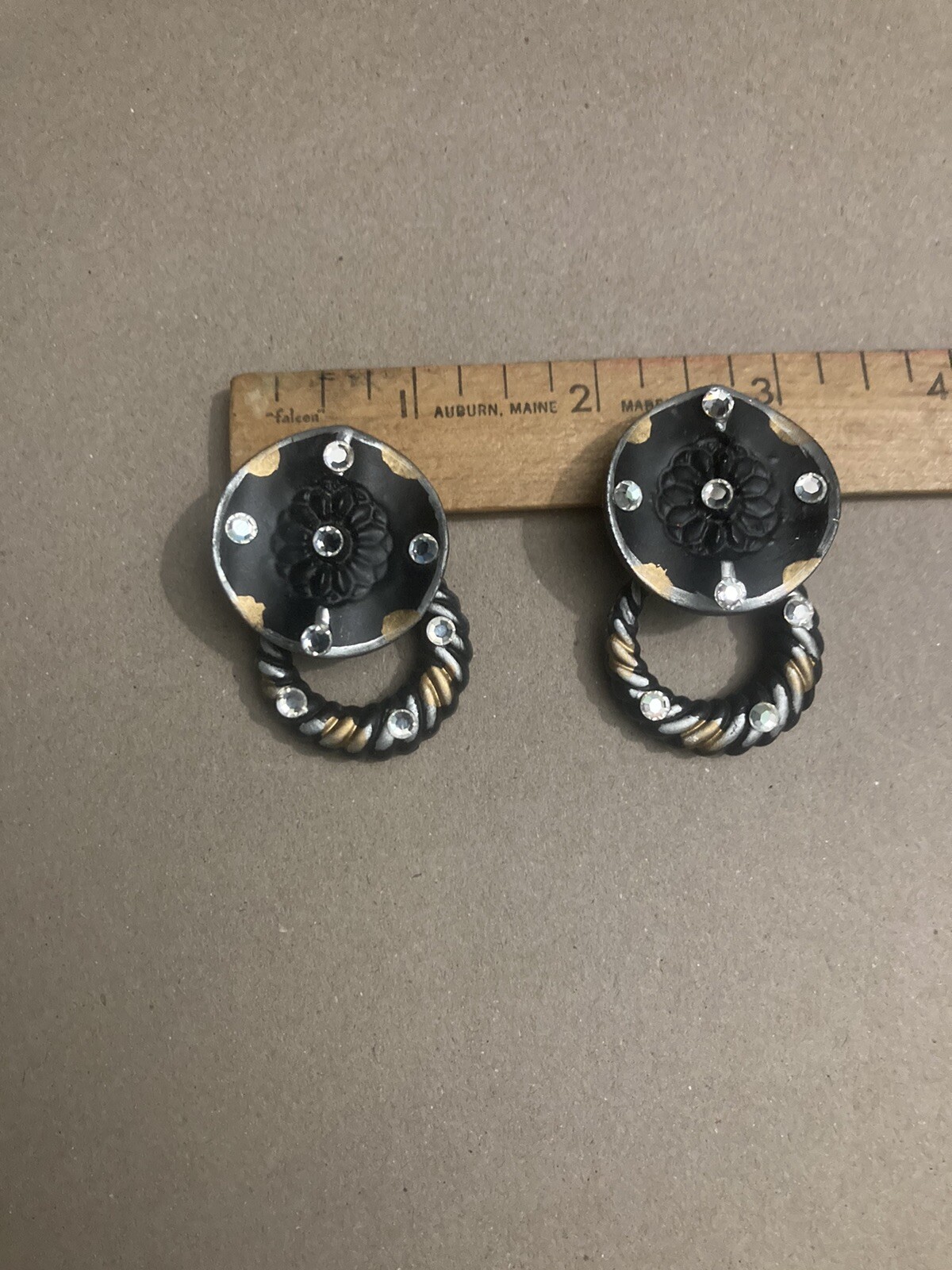 VTG Jeff Lieb Clip Earrings Black/Gold Rhinestone One Of A Kind Custom Handmade