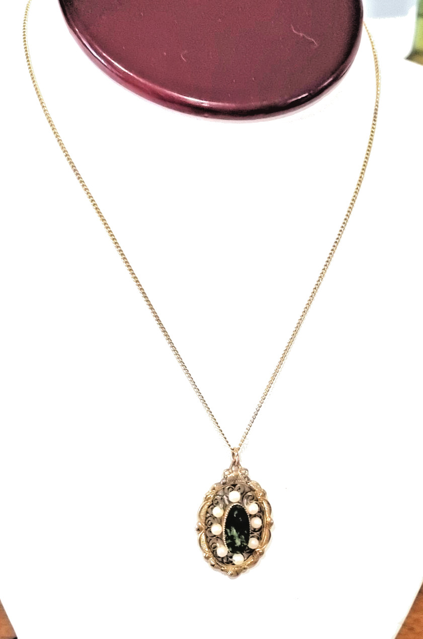 Vintage 12k Gold Fill Real Pearl Genuine Jade Pendant Chain Necklace See Video