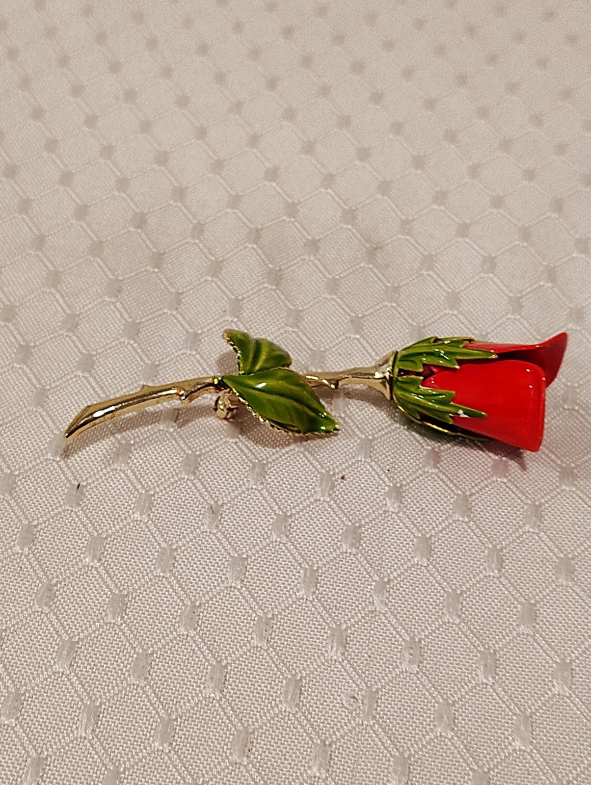 Vintage Enamel Red Rosebud Gold Stem Green Leaves Brooch Pin 3″ Long