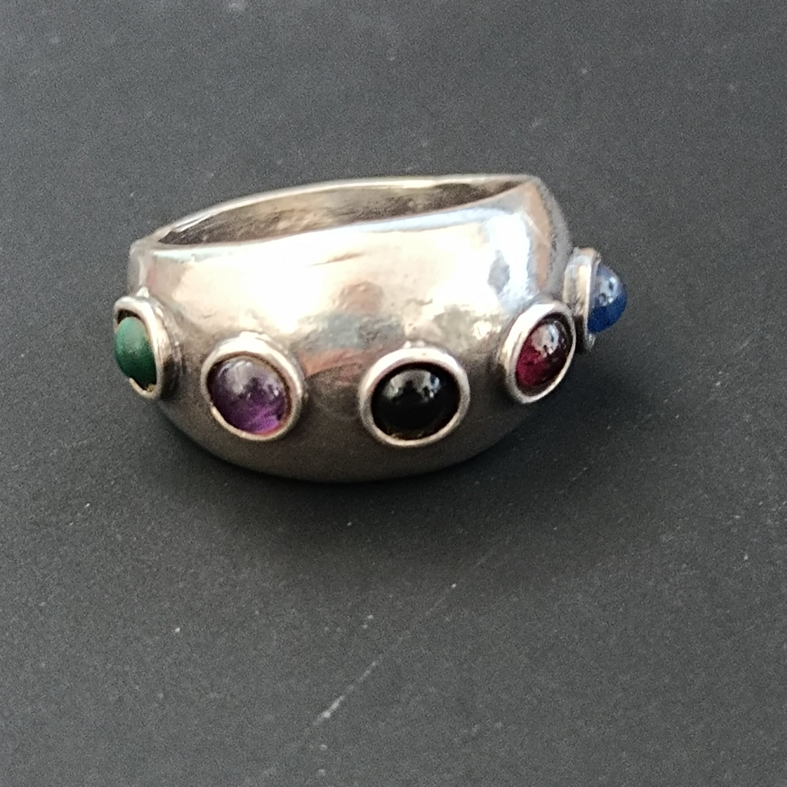 Modernist Gemstone Dome Ring Sterling Silver Cabochon Band Boho Israeli Artisan
