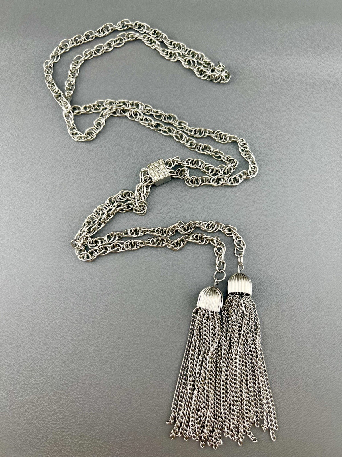 Vintage Tassel Necklace Rhinestone Bolo Style Silver Tone Chain 26”