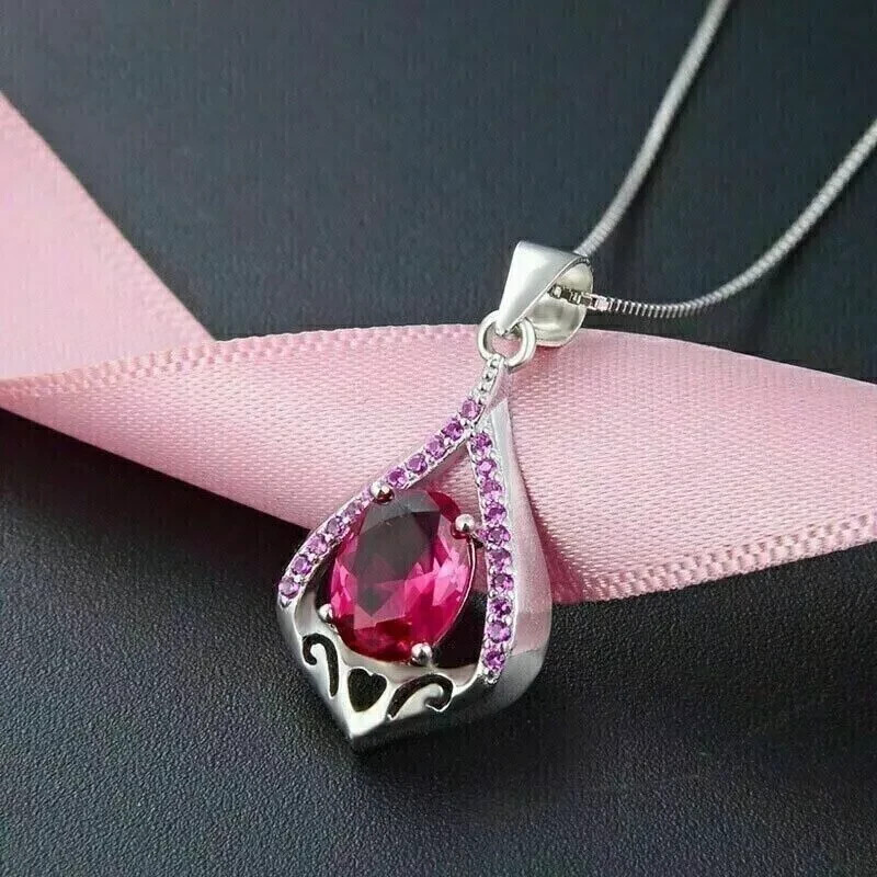 Art Deco Style Lab Created Diamond Ruby Any Occasion Pendant 14K White Gold FN