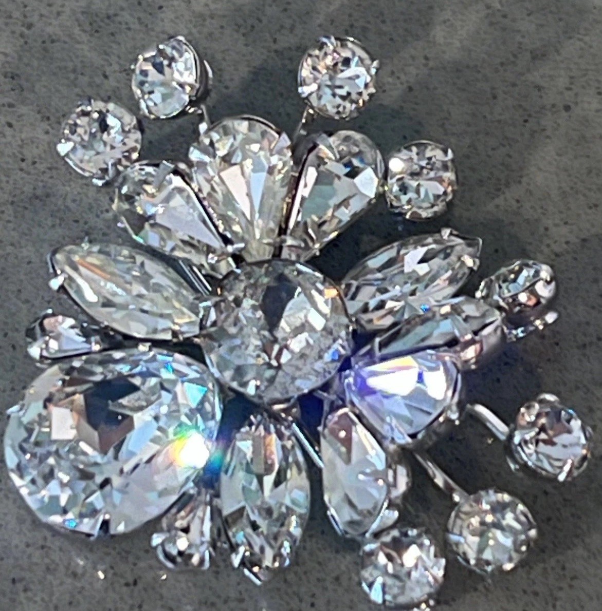 Vintage Eisenberg Clear Rhinestone Spray Brooch Signed Rhodium Crystal 1940 Used