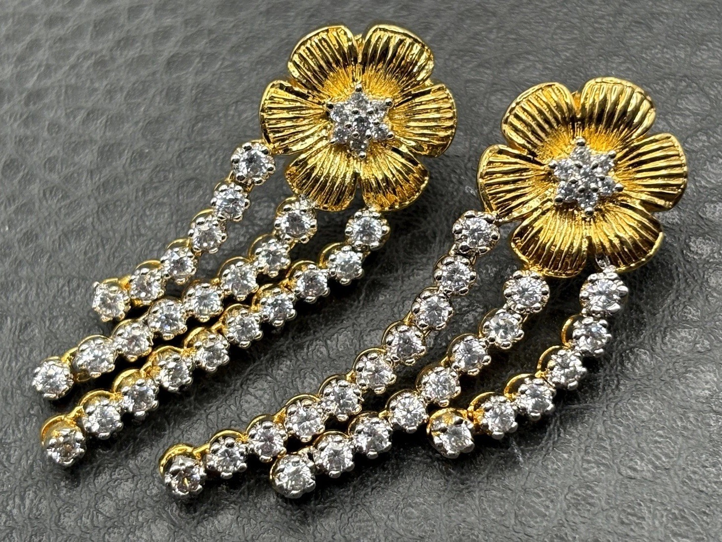 Gorgeous Cubic Zirconia Flower Gold Plated Chandelier Drop Pierced Earrings