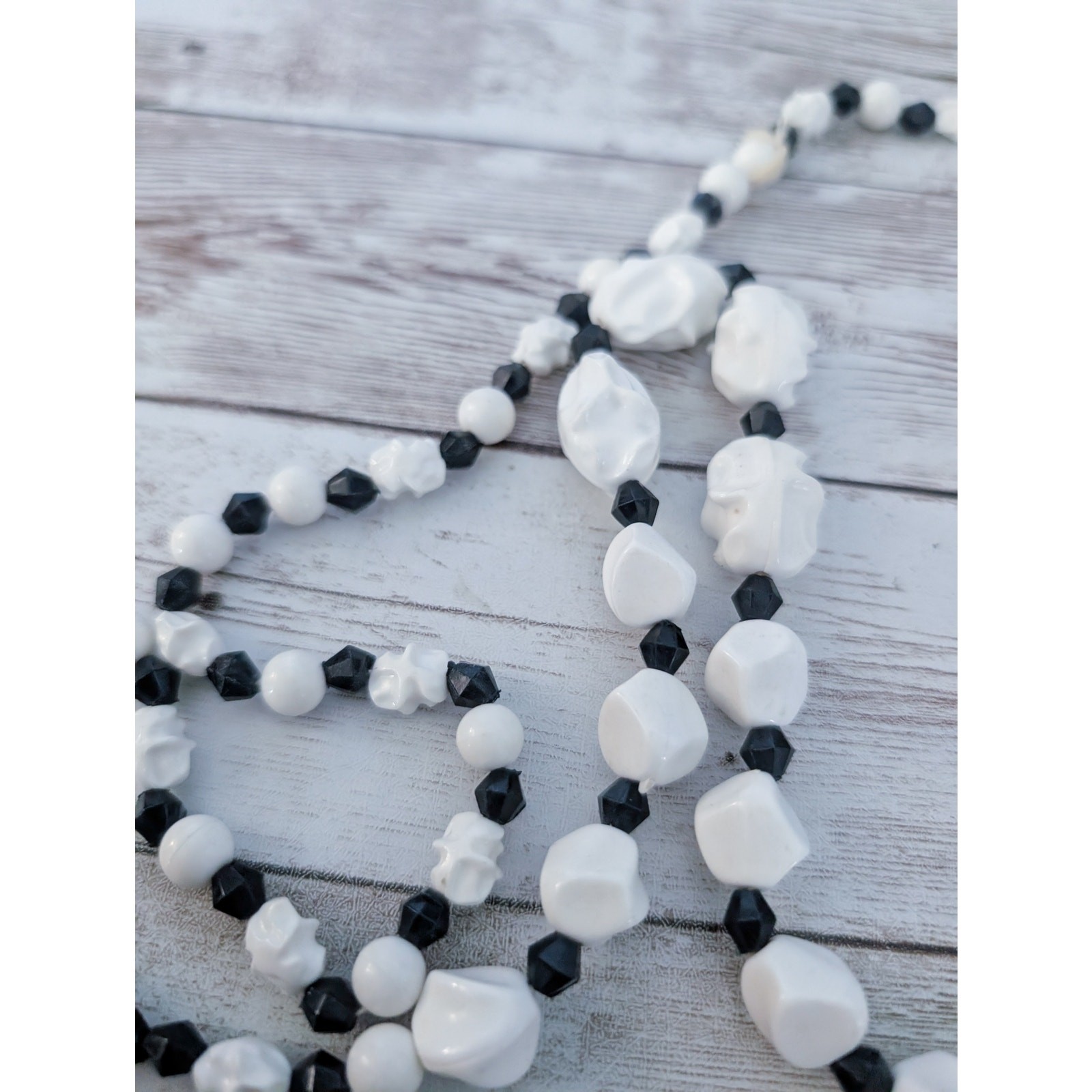 Vintage Necklace Statement Unusual Cream & Black Very Long Can Be Layered