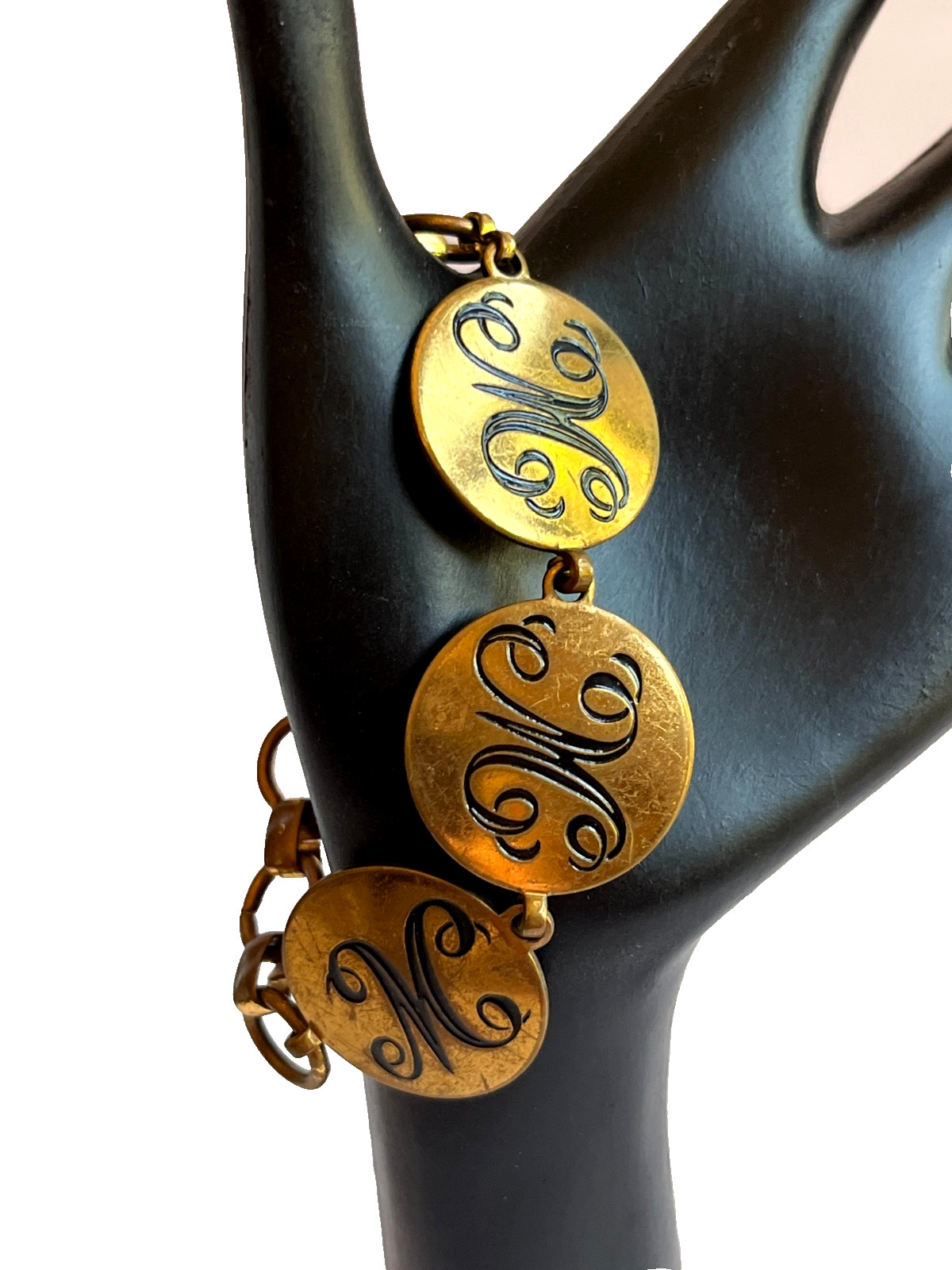 Vintage Brass Bronze Tone Initial Monogram Charm Link Bracelet 1950s MMW