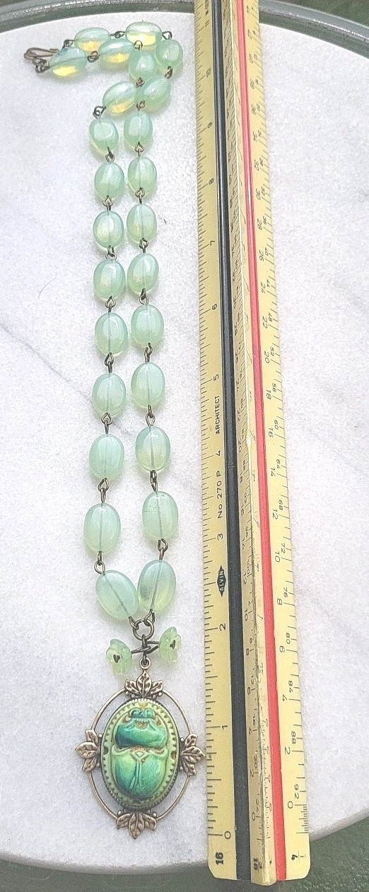 VINTAGE NEIGER EGYPTIAN SCARAB PENDANT OPALITE BEAD URANIUM FLOWER NECKLACE SET