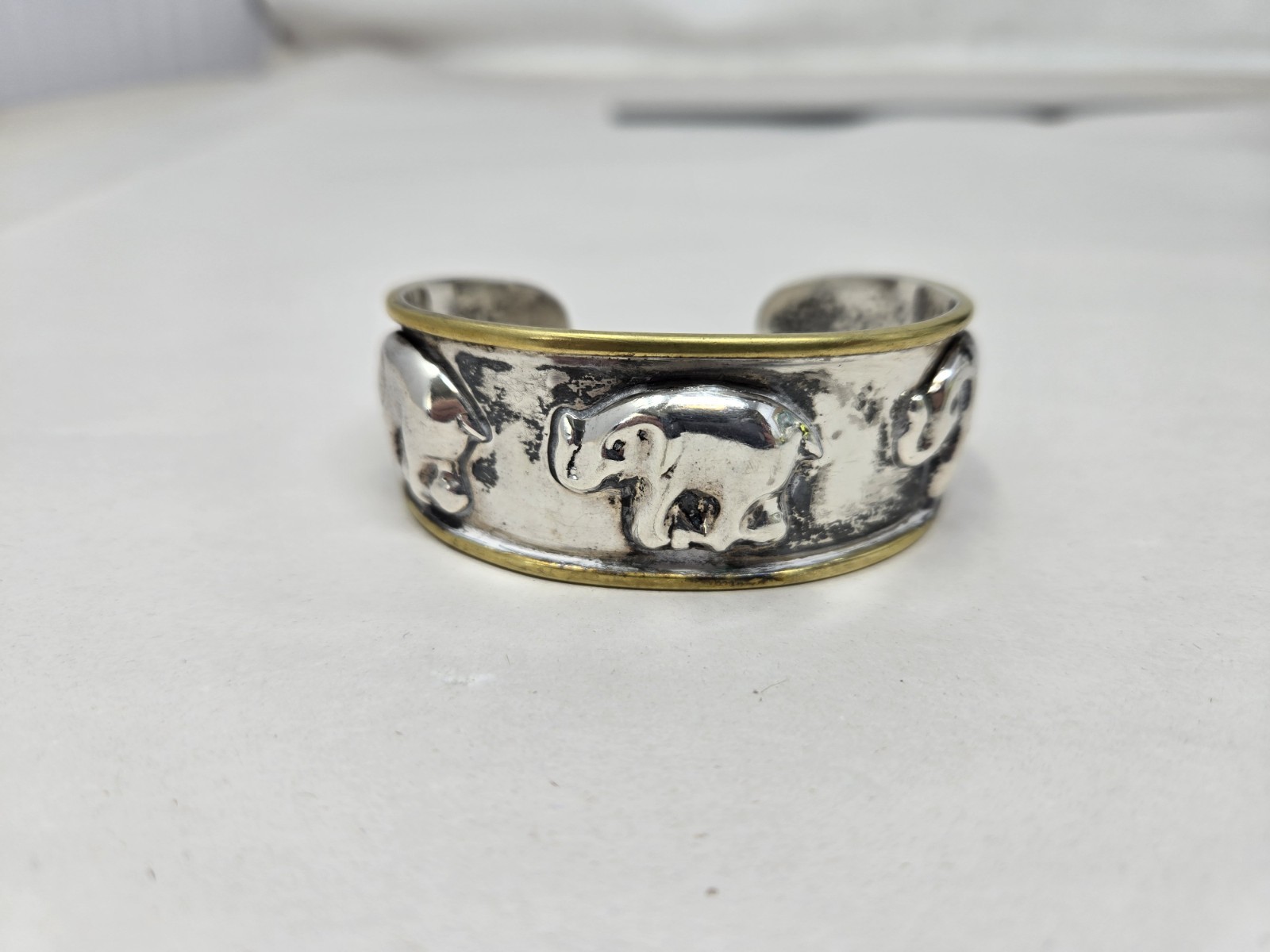 Taxco Sterling Silver Mexico Vintage 2 Tone Elephant Cuff Bracelet Good Luck 30G