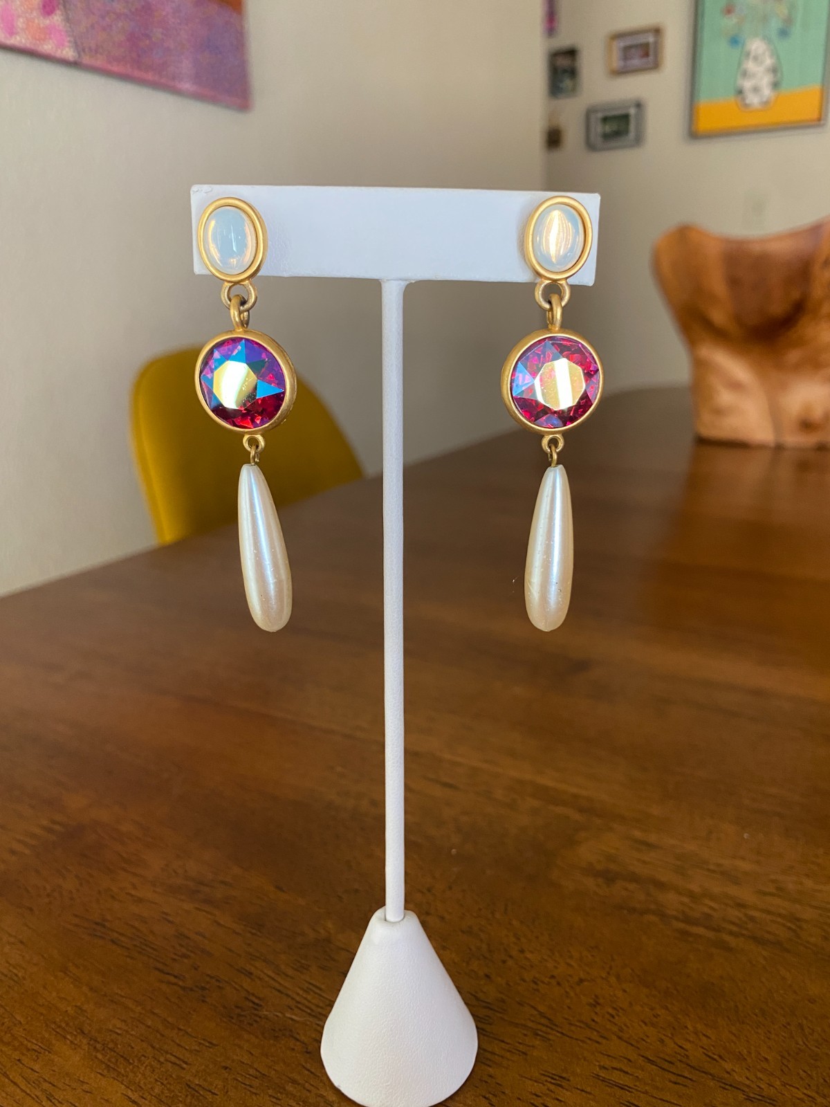 Vintage Mixed Media Dangle Earrings Opaline Glass Red AB Rhinestone Faux Pearl