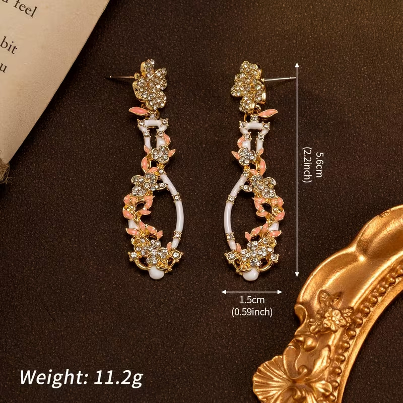 Vintage Floral Vase Rhinestone Dangle Earrings Gold Tone Pink Crystal Statement