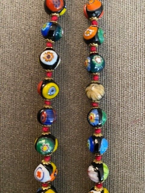 Murano Millefiori Necklace Glass Beads Barrel Clasp Hand Knotted Necklace 25 In 