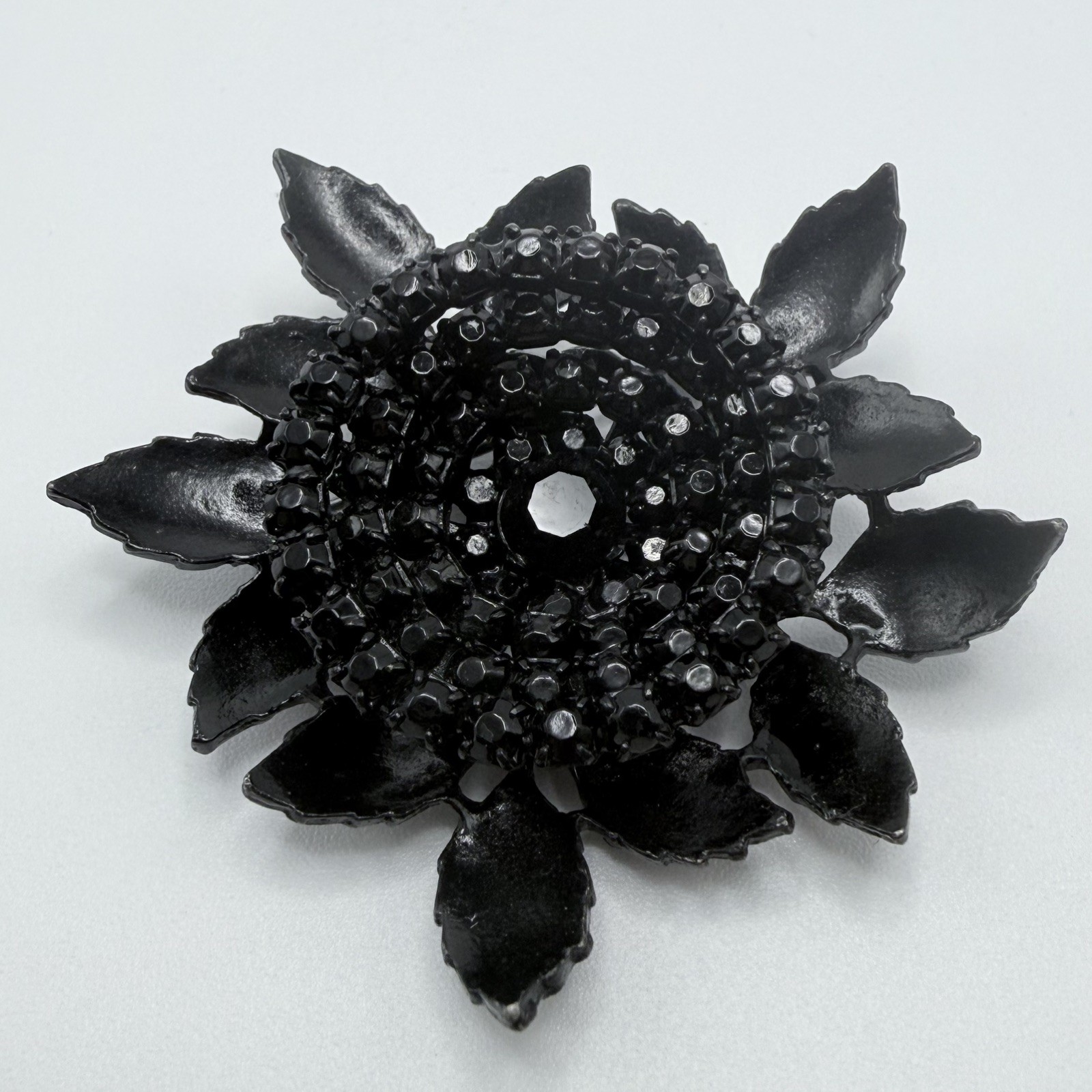 Albert Weiss Black Rhinestone and Enamel Flower Pin Brooch Signed Vintage