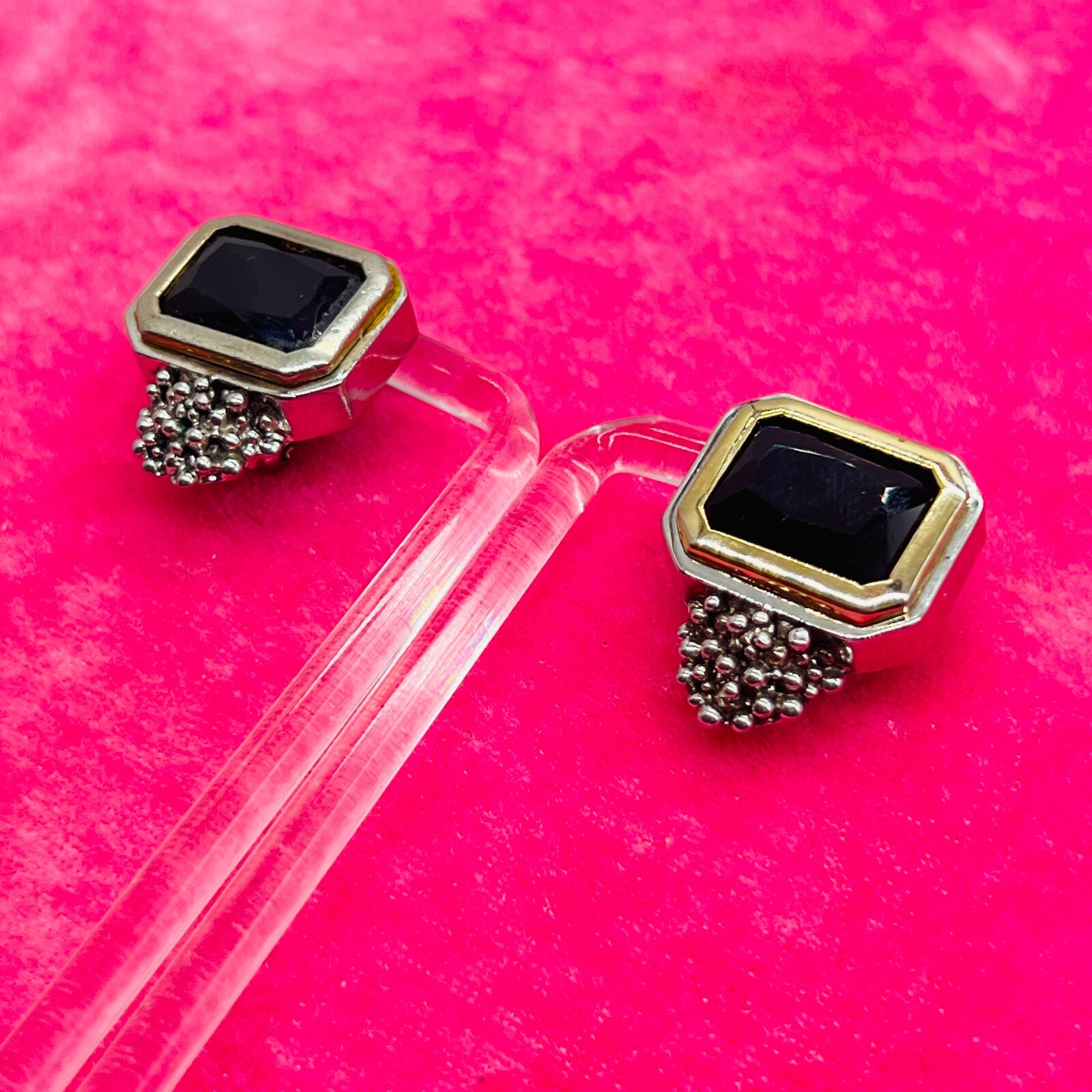 Vintage EXP Signed Silver Tone Earrings Black Stone Square Cut Grape Rectangle