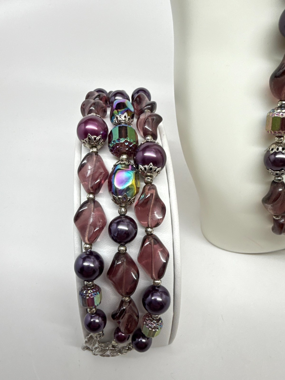 Vtg Crown Trifari purple Lucite AB Beads Demi Parure Set Silver W/ Box